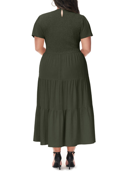 Anna-Kaci Women's Plus Size Casual Round Neck Flutter Short Sleeve Elastic Waist Smocked Tiered Maxi Dress