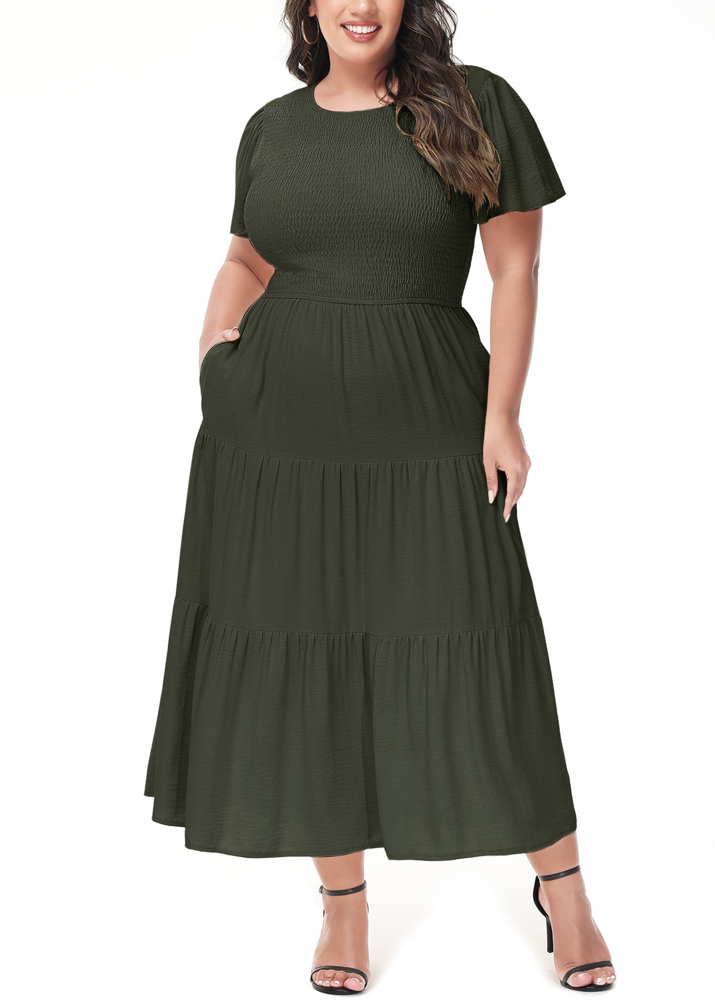 Vestido largo informal de talla grande con escote redondo, manga corta, cintura elástica y fruncido para mujer de Anna-Kaci