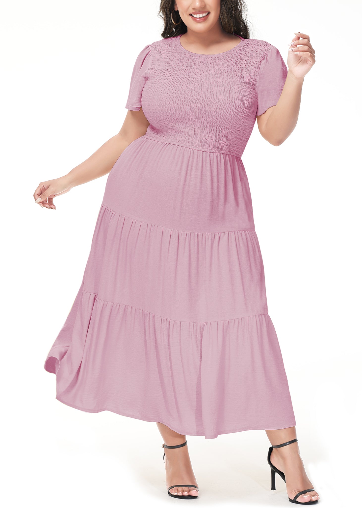 Vestido largo informal de talla grande con escote redondo, manga corta, cintura elástica y fruncido para mujer de Anna-Kaci