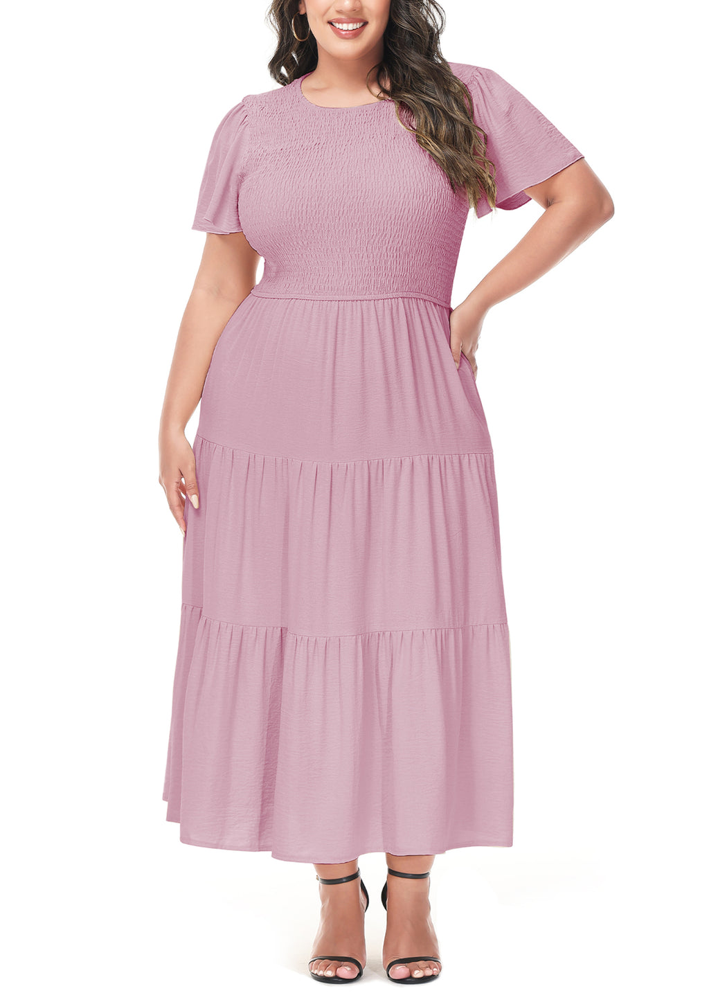 Vestido largo informal de talla grande con escote redondo, manga corta, cintura elástica y fruncido para mujer de Anna-Kaci