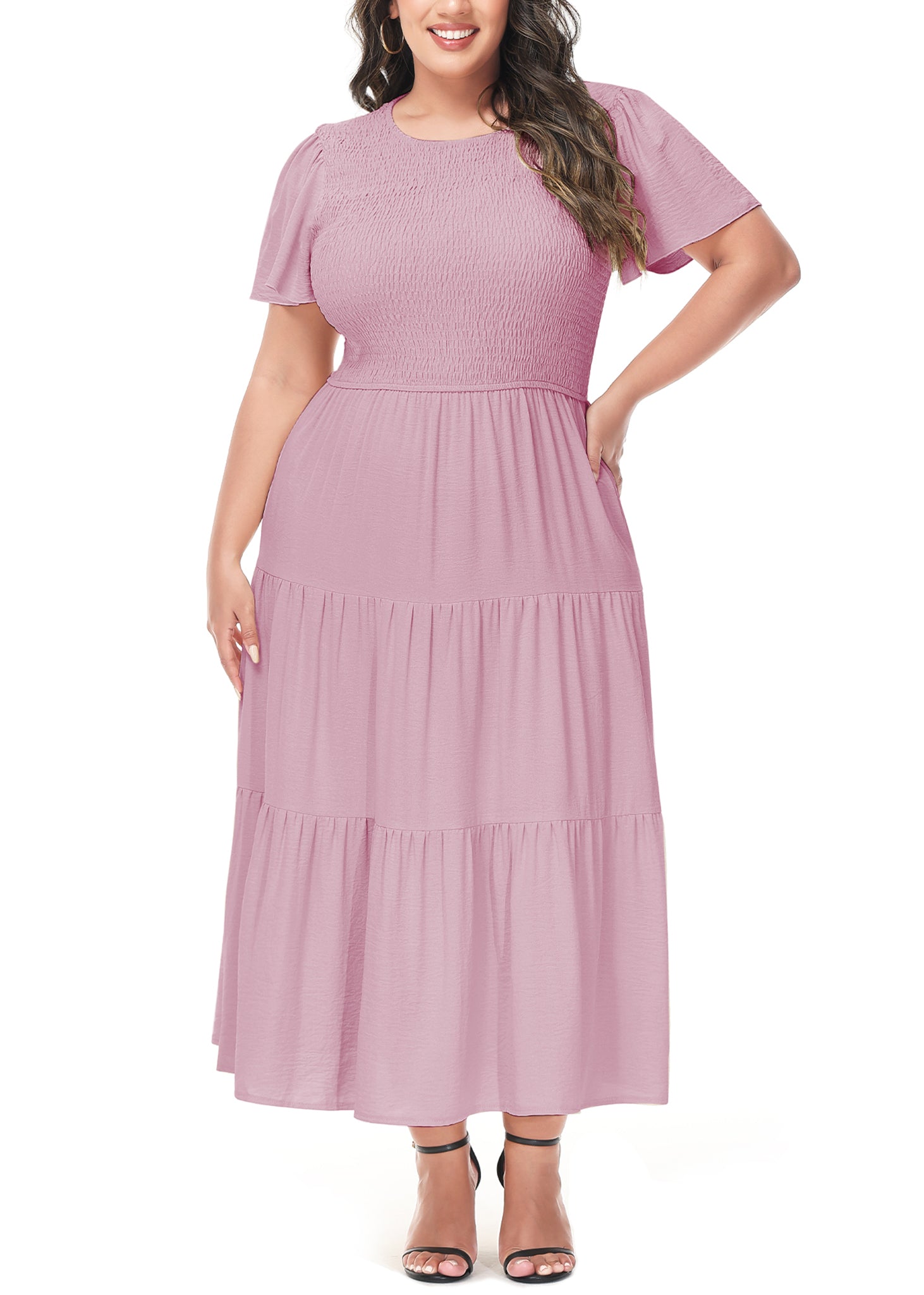 Vestido largo informal de talla grande con escote redondo, manga corta, cintura elástica y fruncido para mujer de Anna-Kaci