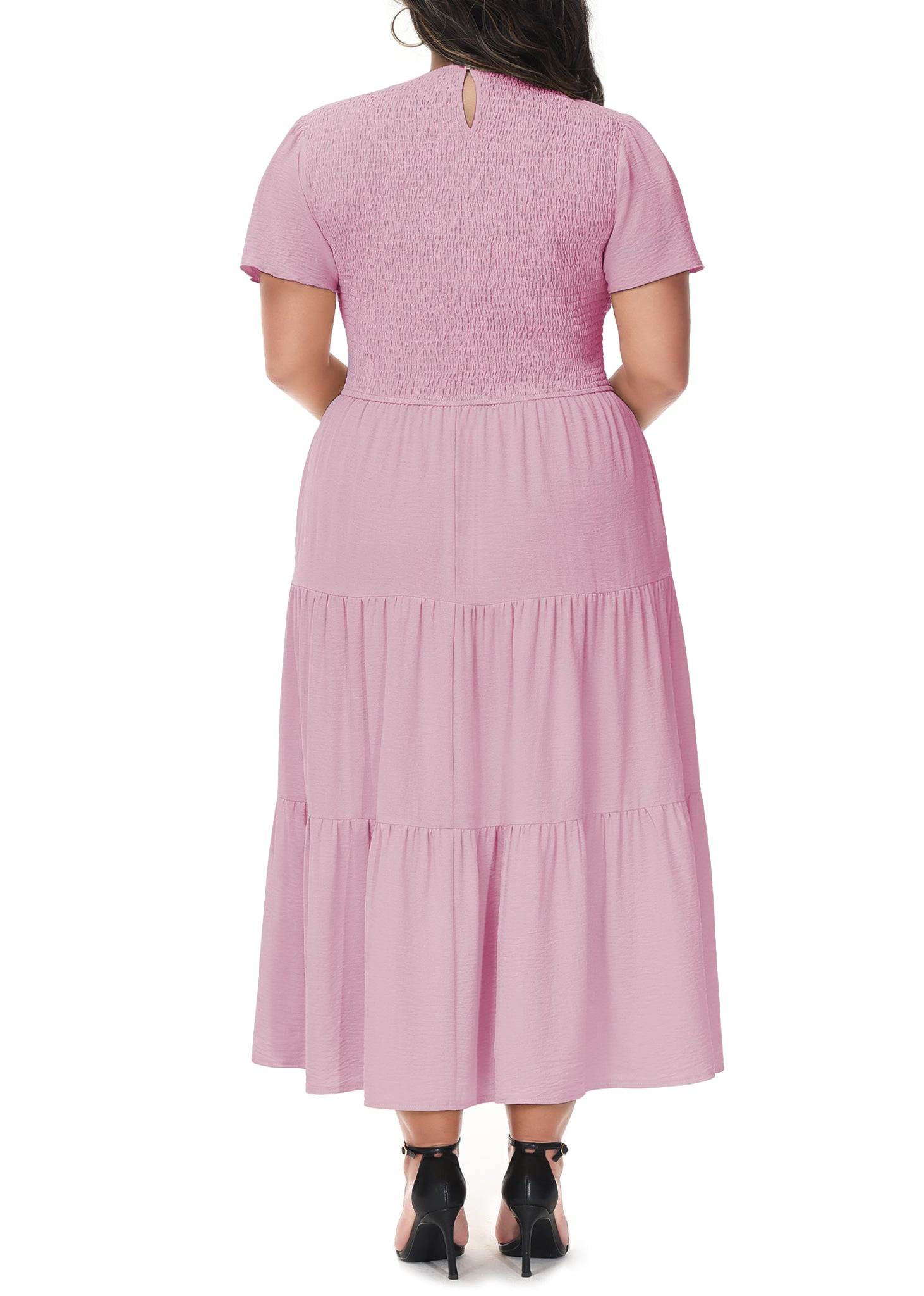 Vestido largo informal de talla grande con escote redondo, manga corta, cintura elástica y fruncido para mujer de Anna-Kaci