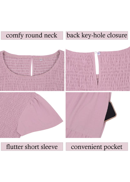 Anna-Kaci Women's Plus Size Casual Round Neck Flutter Short Sleeve Elastic Waist Smocked Tiered Maxi Dress