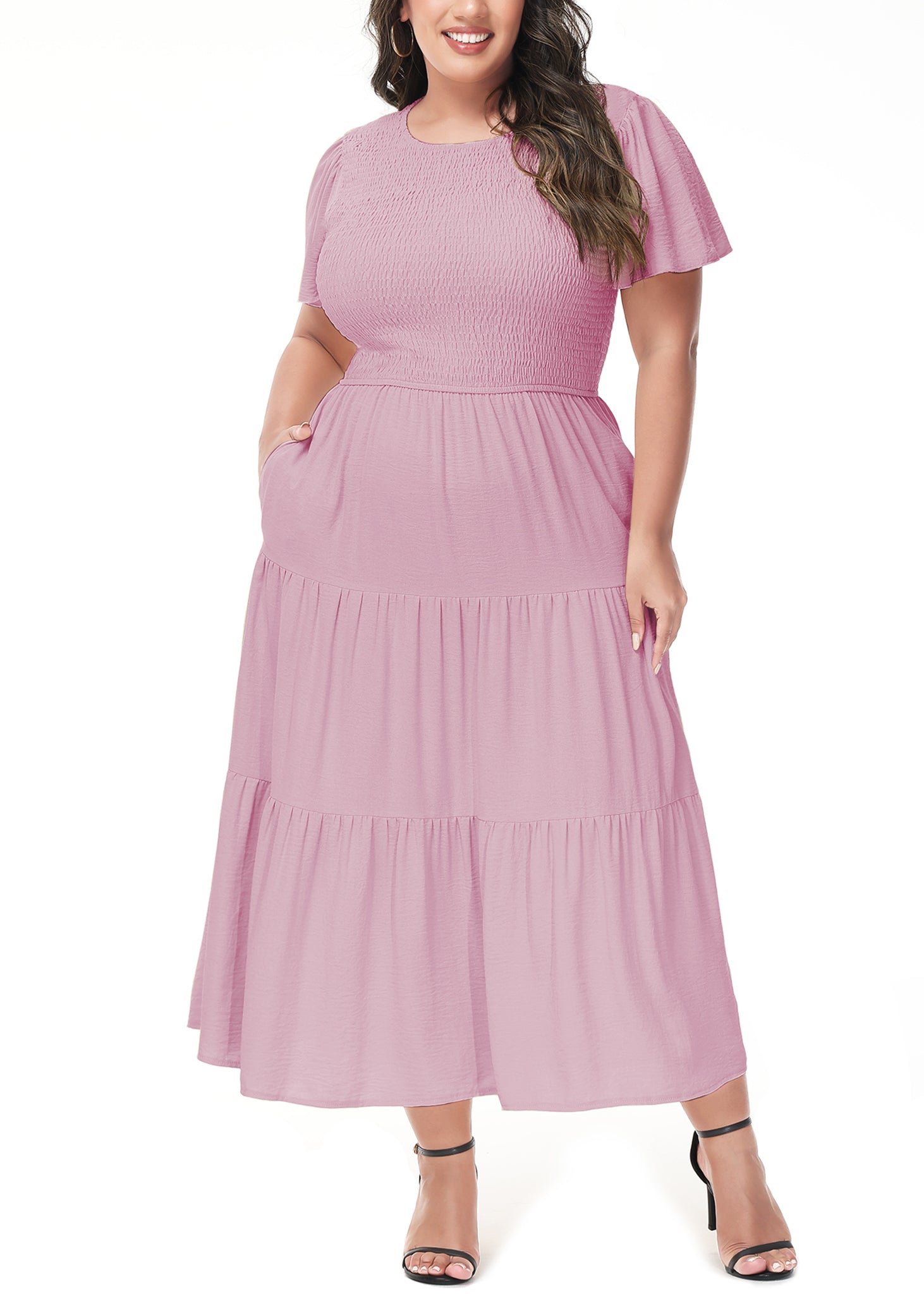 Vestido largo informal de talla grande con escote redondo, manga corta, cintura elástica y fruncido para mujer de Anna-Kaci
