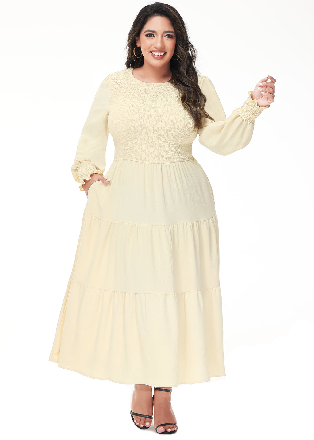 Vestido midi holgado con cuello redondo y mangas largas con frunces estilo poeta informal de talla grande para mujer de Anna-Kaci