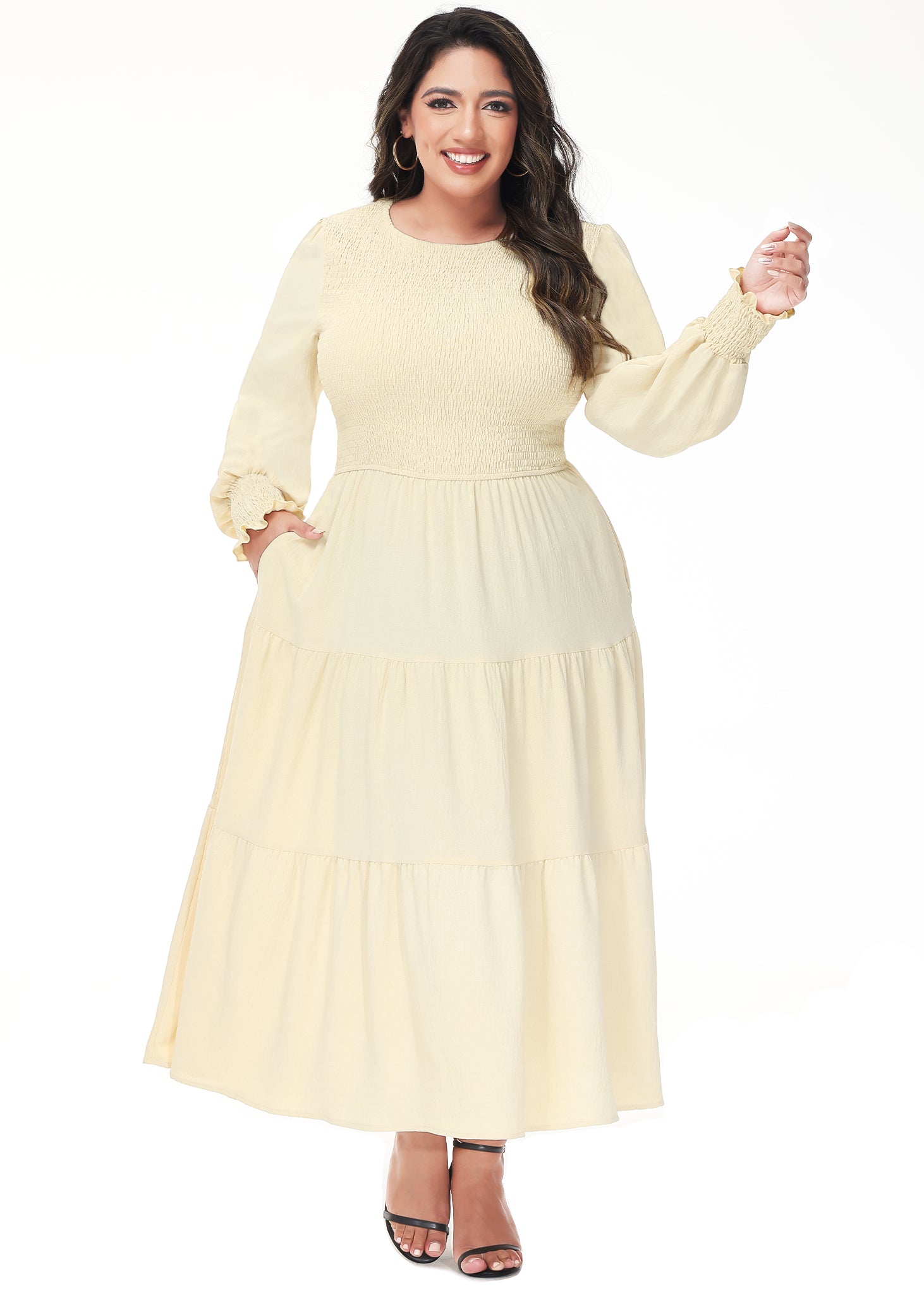 Vestido midi holgado con cuello redondo y mangas largas con frunces estilo poeta informal de talla grande para mujer de Anna-Kaci