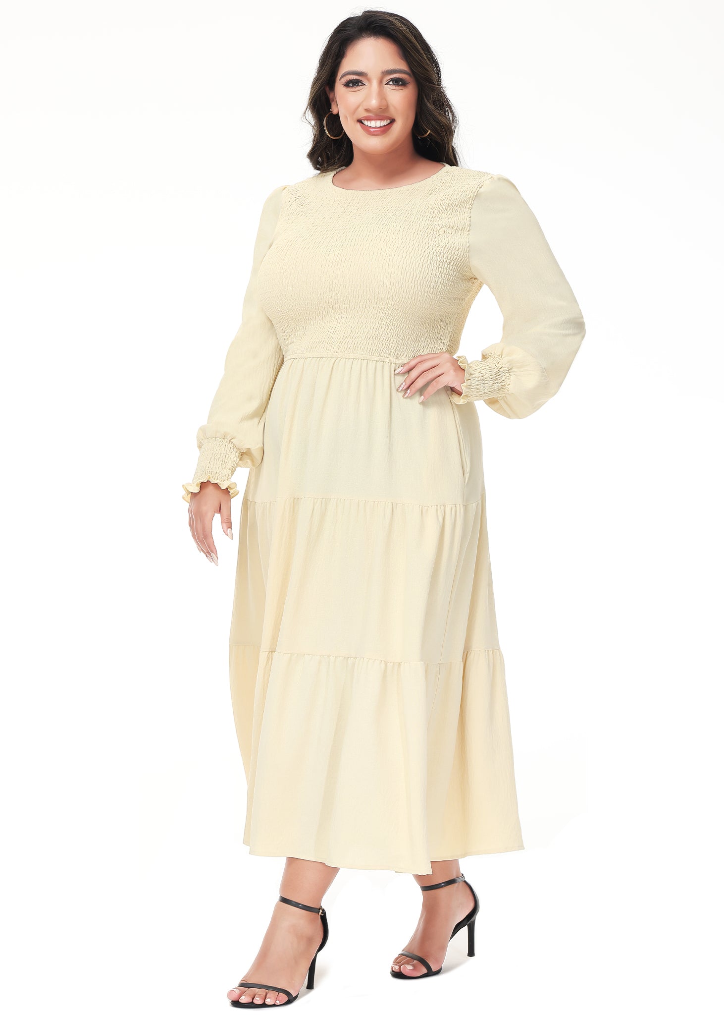 Vestido midi holgado con cuello redondo y mangas largas con frunces estilo poeta informal de talla grande para mujer de Anna-Kaci