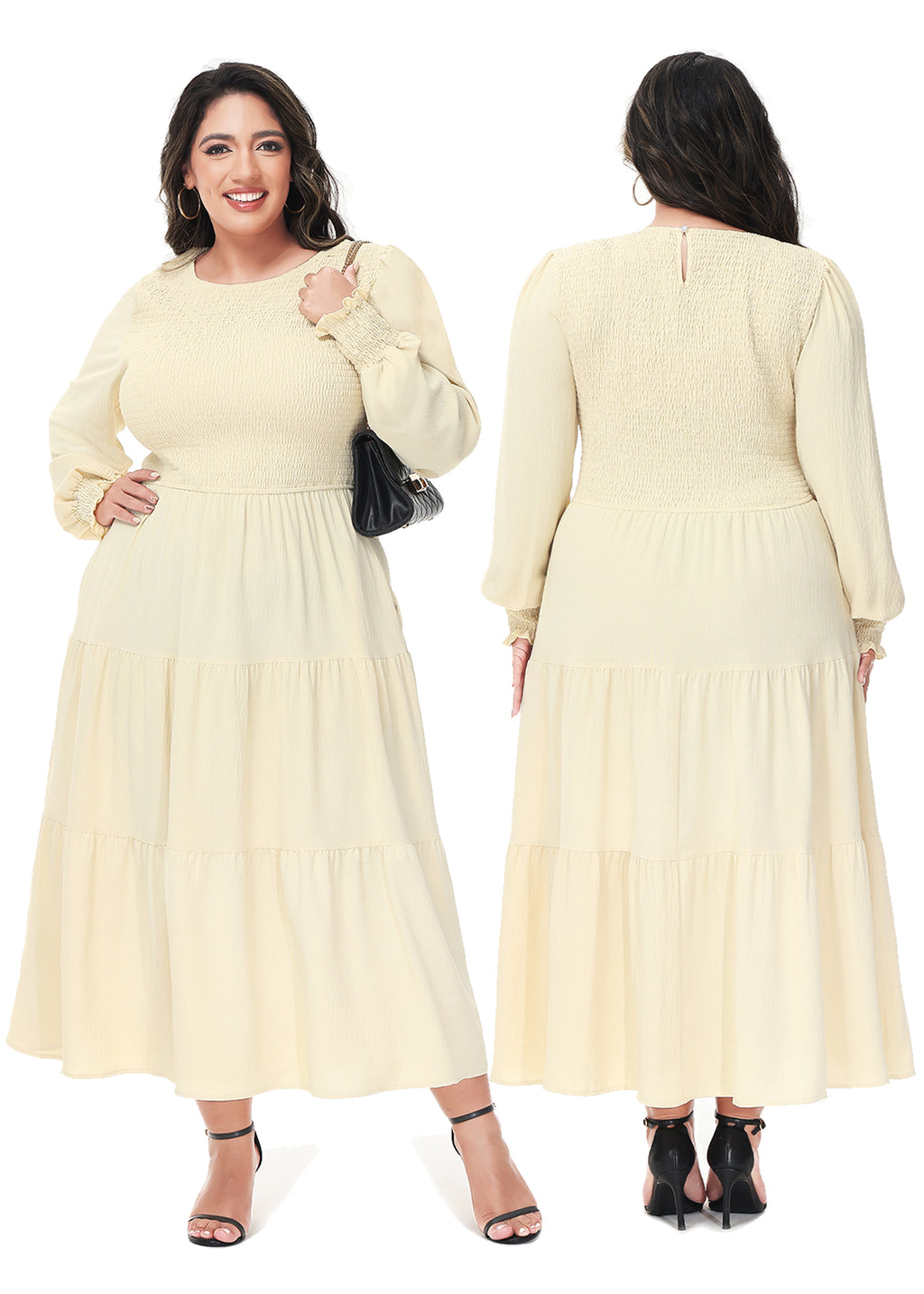 Vestido midi holgado con cuello redondo y mangas largas con frunces estilo poeta informal de talla grande para mujer de Anna-Kaci