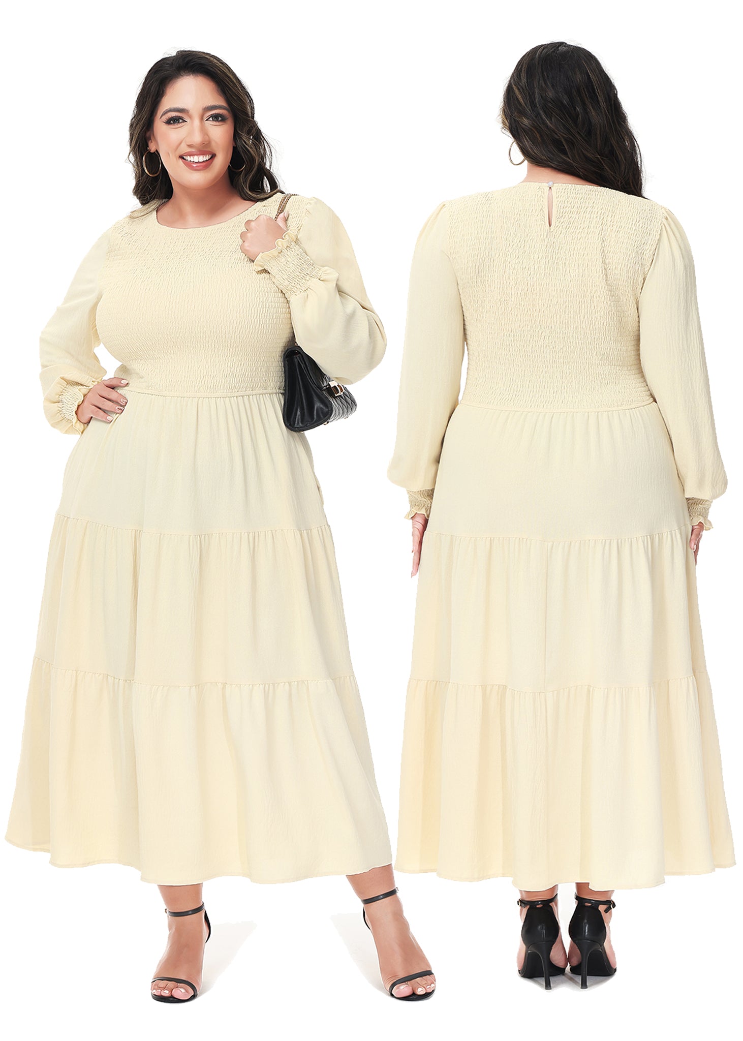 Vestido midi holgado con cuello redondo y mangas largas con frunces estilo poeta informal de talla grande para mujer de Anna-Kaci