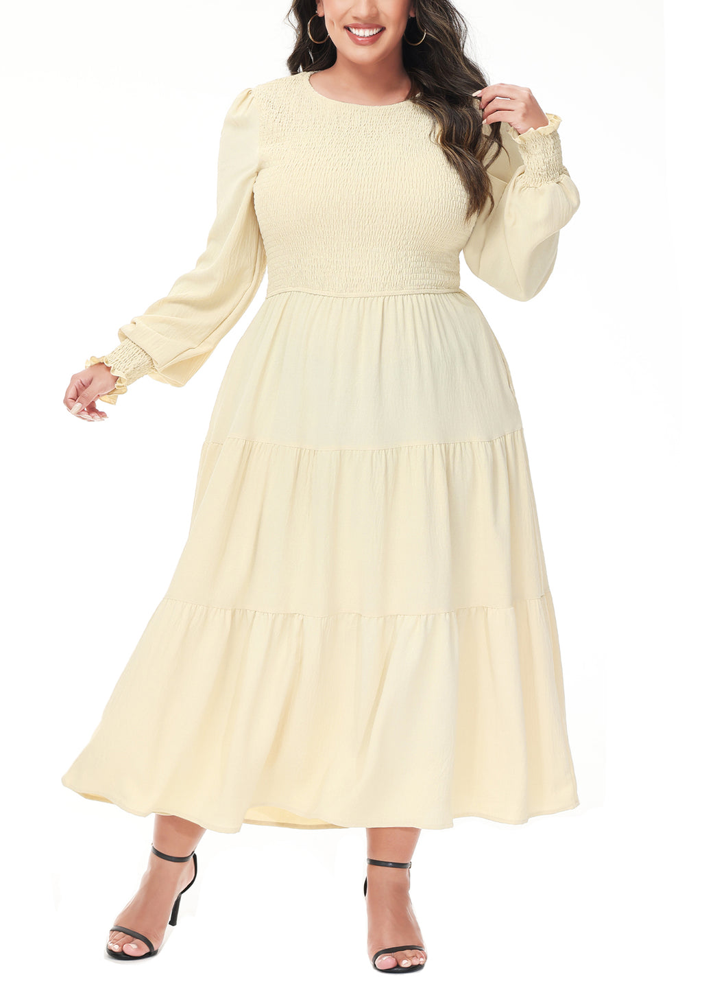 Vestido midi holgado con cuello redondo y mangas largas con frunces estilo poeta informal de talla grande para mujer de Anna-Kaci