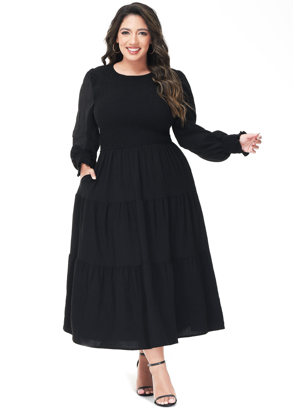 Vestido midi holgado con cuello redondo y mangas largas con frunces estilo poeta informal de talla grande para mujer de Anna-Kaci