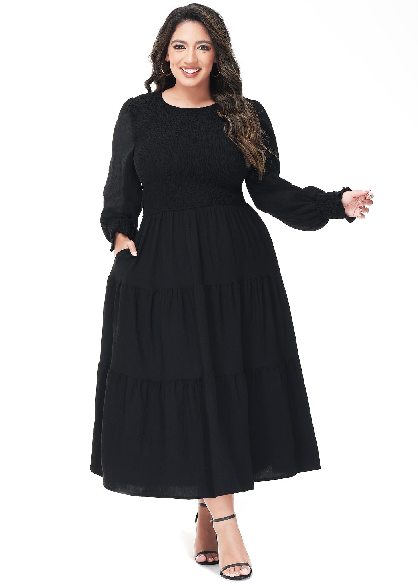 Vestido midi holgado con cuello redondo y mangas largas con frunces estilo poeta informal de talla grande para mujer de Anna-Kaci