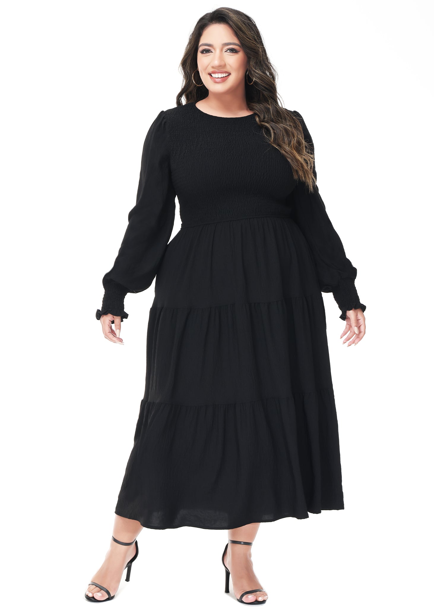 Vestido midi holgado con cuello redondo y mangas largas con frunces estilo poeta informal de talla grande para mujer de Anna-Kaci