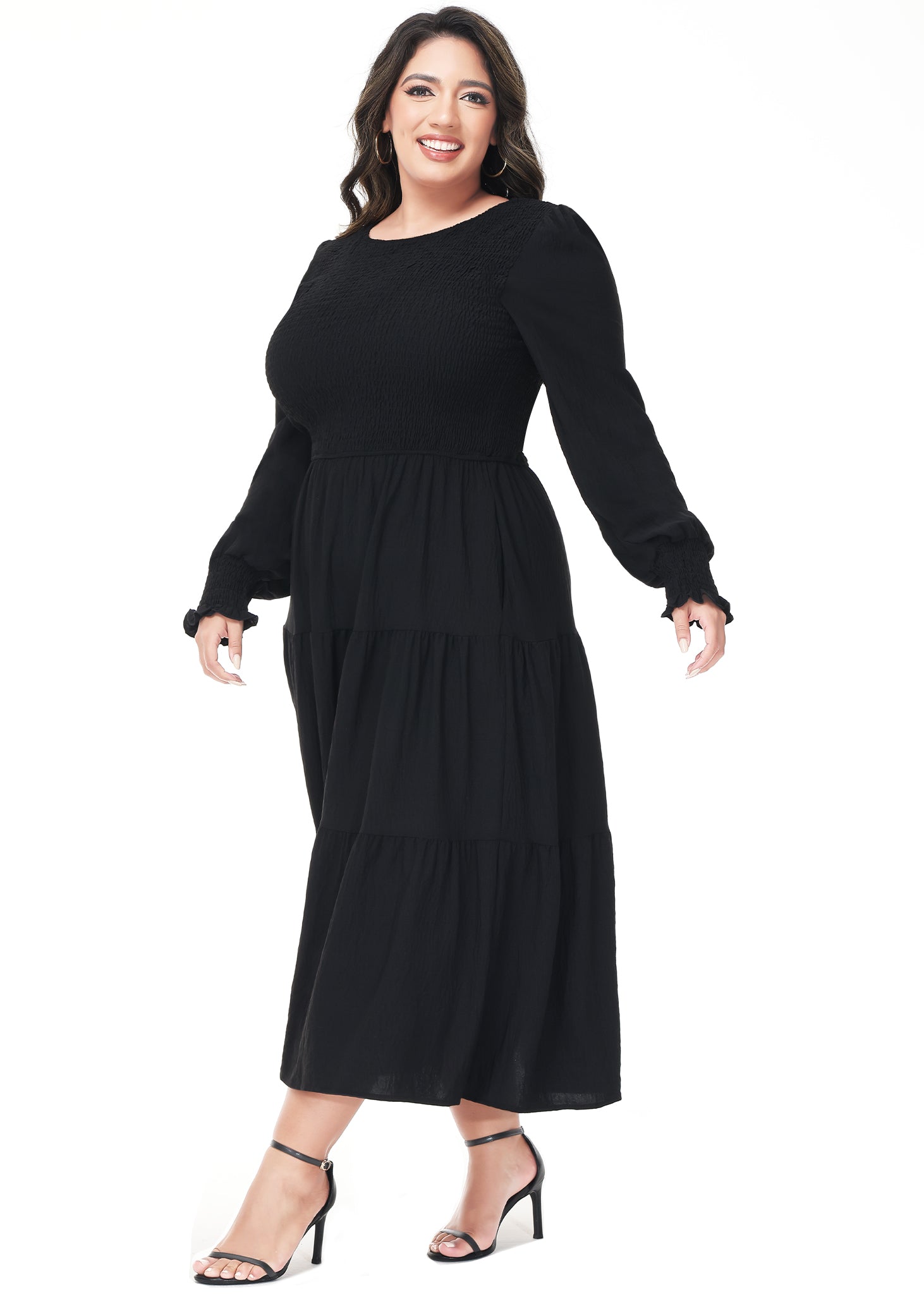 Vestido midi holgado con cuello redondo y mangas largas con frunces estilo poeta informal de talla grande para mujer de Anna-Kaci