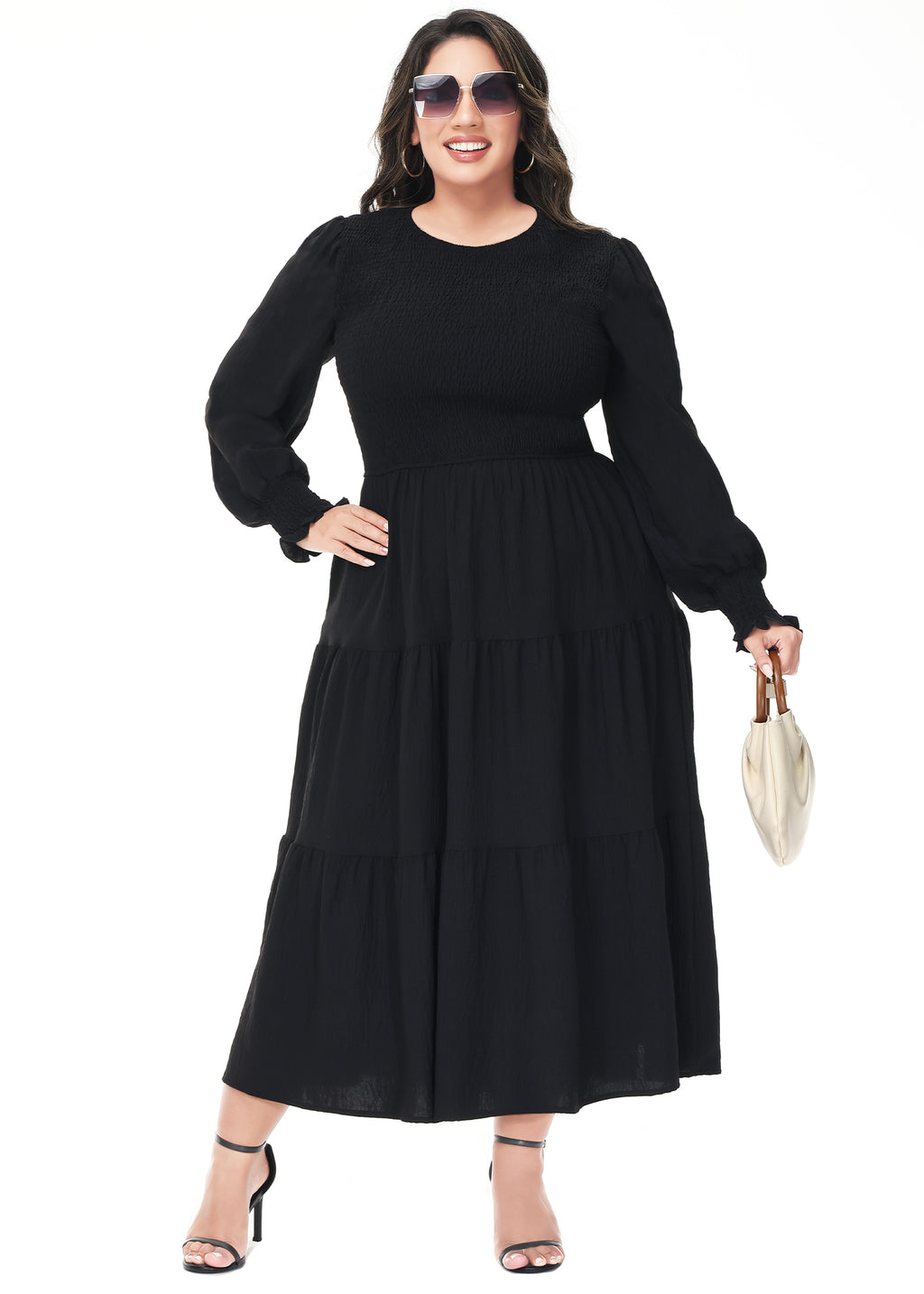 Vestido midi holgado con cuello redondo y mangas largas con frunces estilo poeta informal de talla grande para mujer de Anna-Kaci