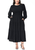 Women's Plus Size Casual Poet Long Sleeve Smocked Dress Crewneck Flowy Tiered Midi Dress