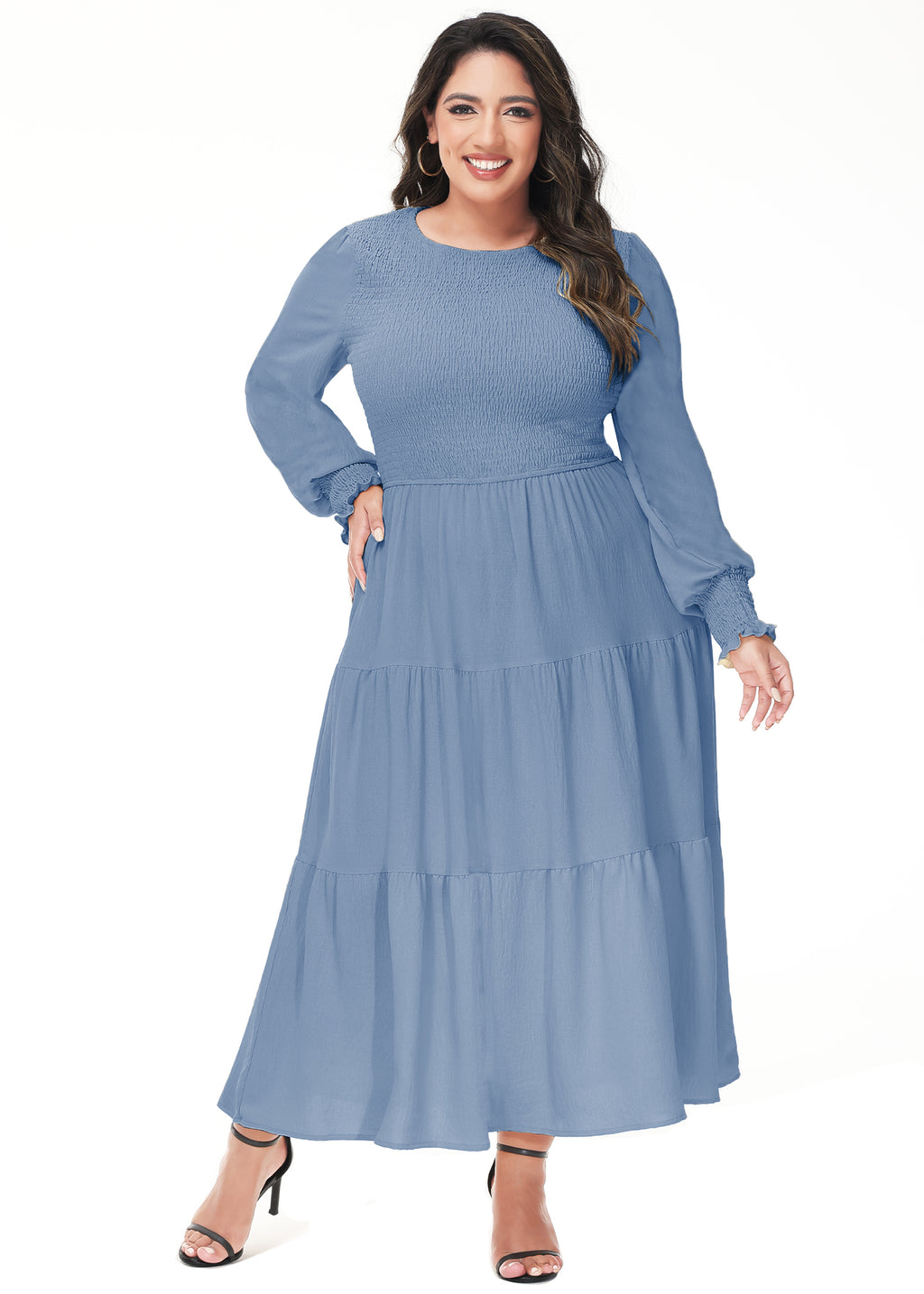 Vestido midi holgado con cuello redondo y mangas largas con frunces estilo poeta informal de talla grande para mujer de Anna-Kaci