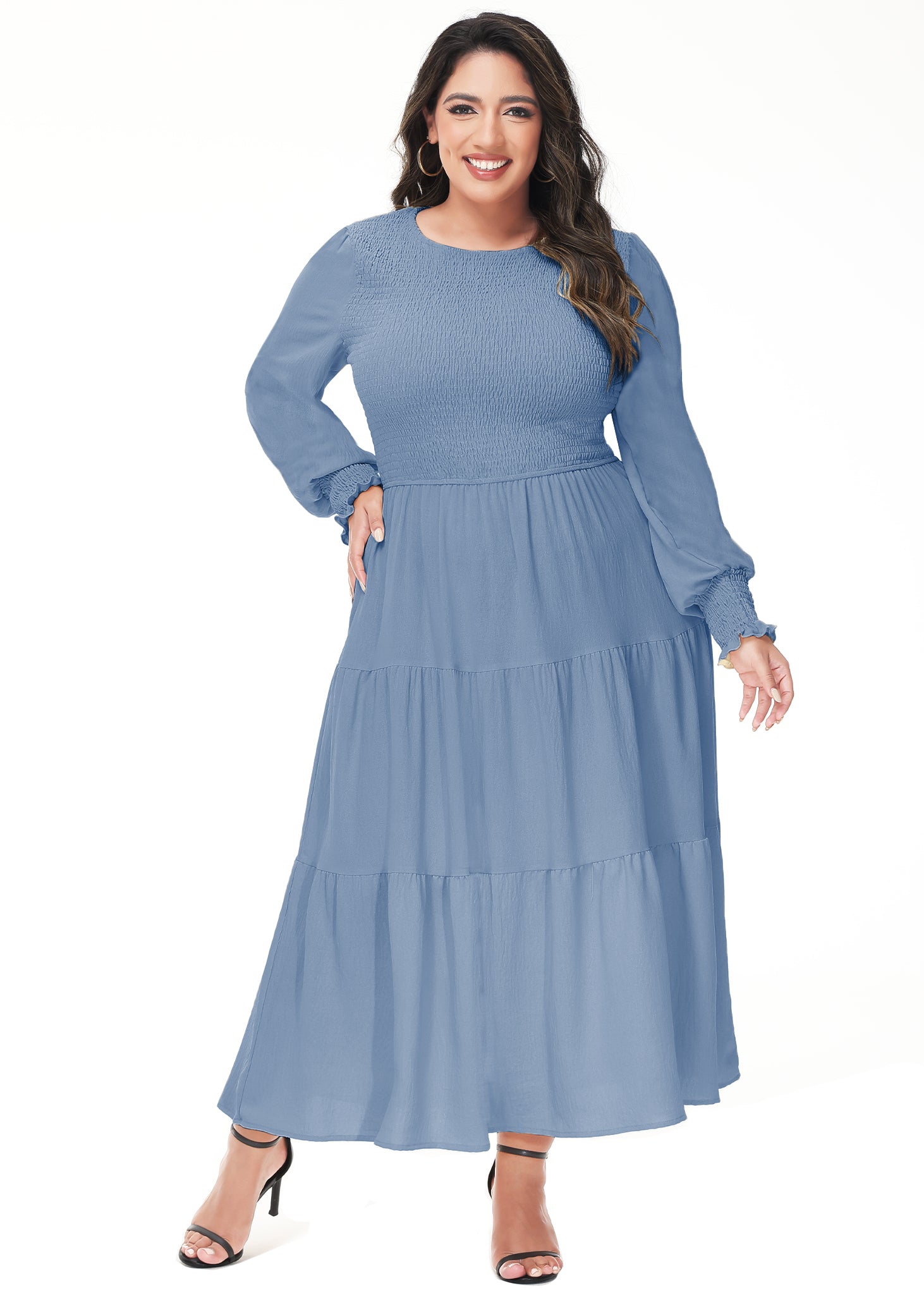 Vestido midi holgado con cuello redondo y mangas largas con frunces estilo poeta informal de talla grande para mujer de Anna-Kaci