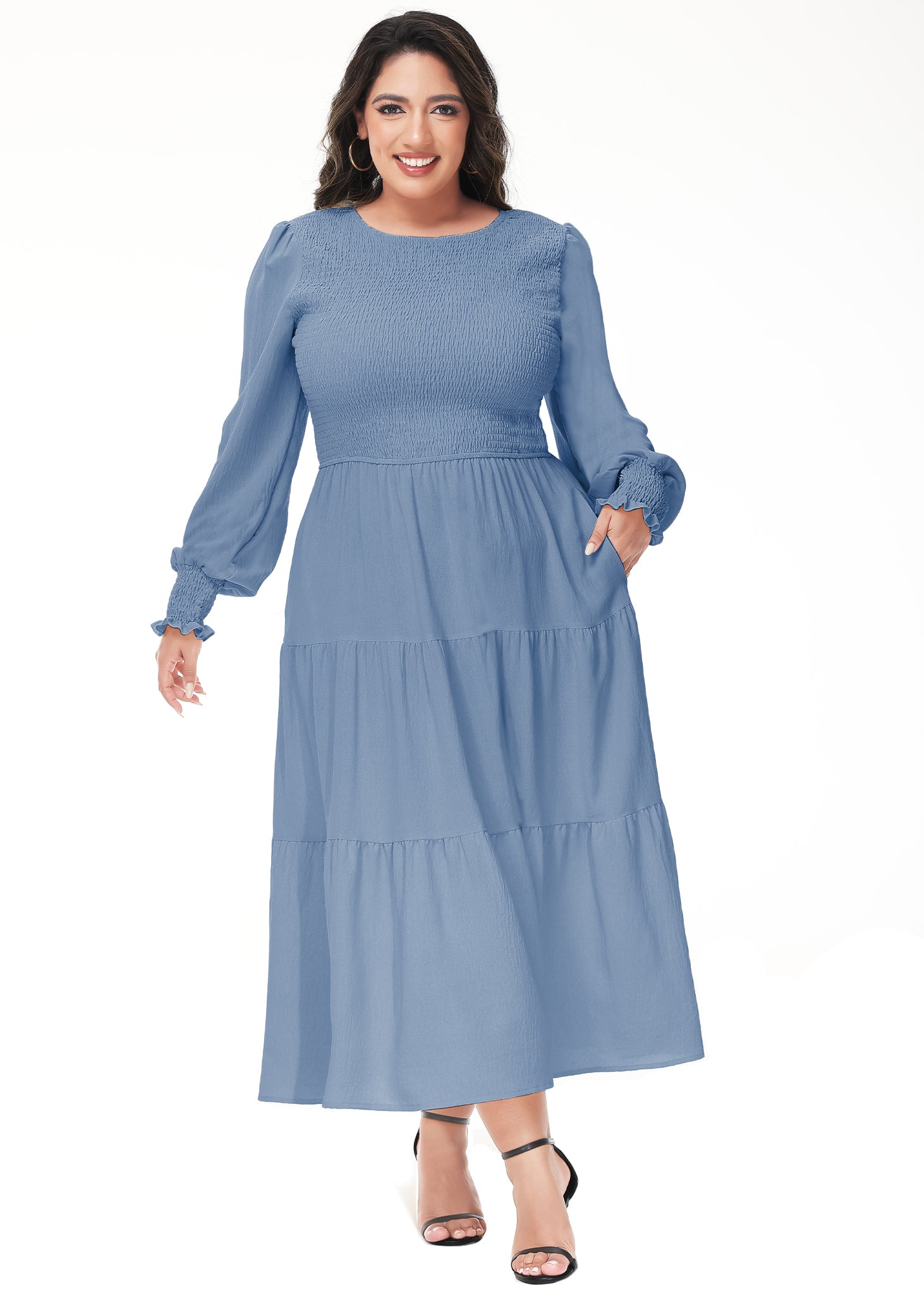 Vestido midi holgado con cuello redondo y mangas largas con frunces estilo poeta informal de talla grande para mujer de Anna-Kaci