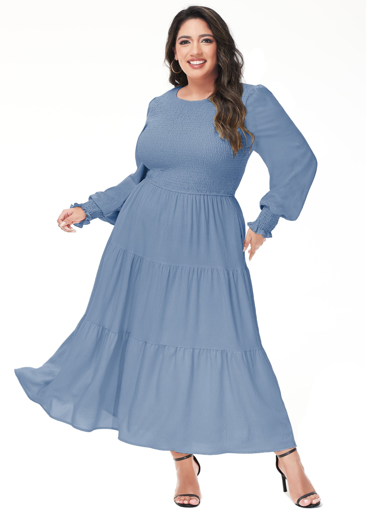 Vestido midi holgado con cuello redondo y mangas largas con frunces estilo poeta informal de talla grande para mujer de Anna-Kaci