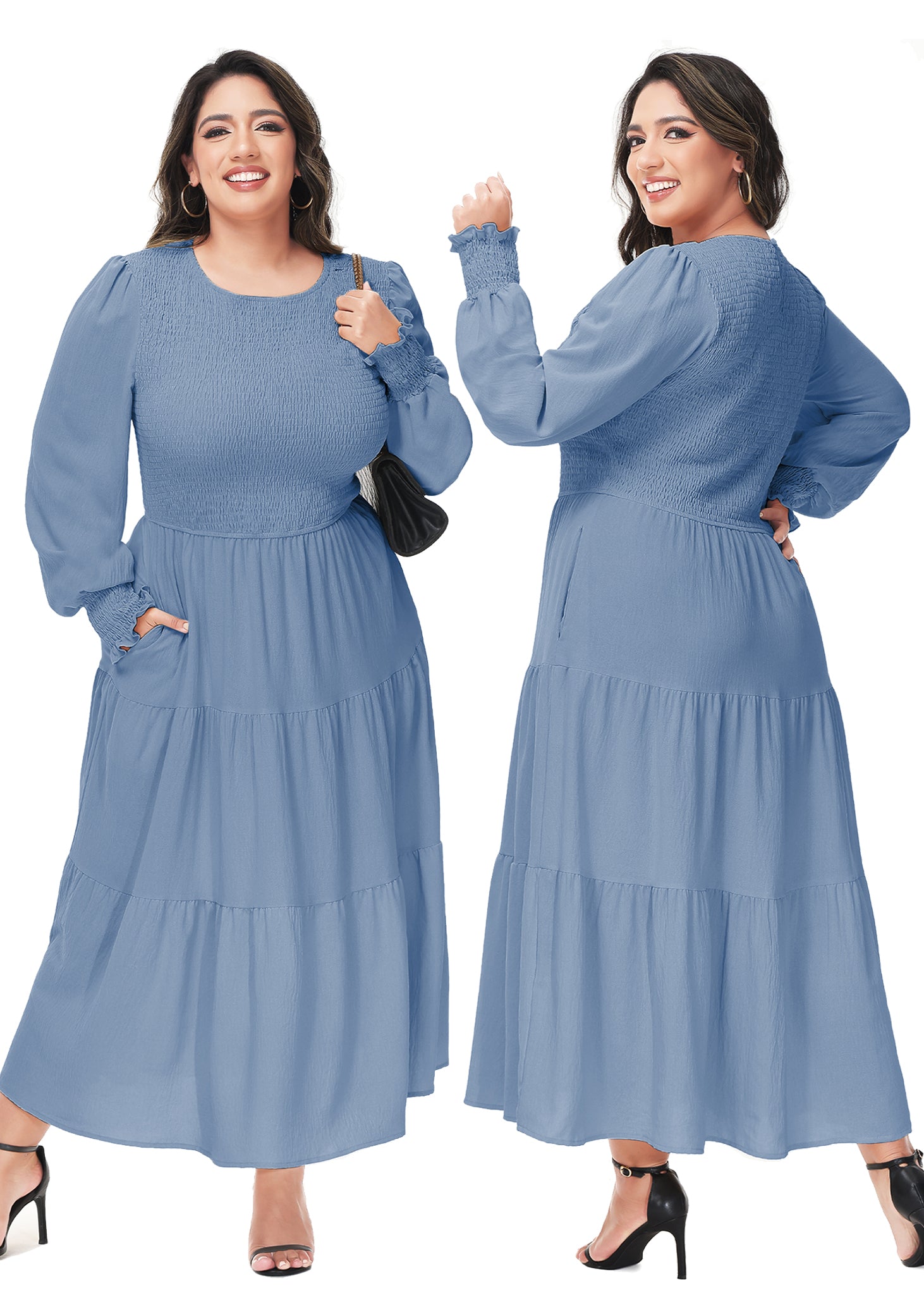 Vestido midi holgado con cuello redondo y mangas largas con frunces estilo poeta informal de talla grande para mujer de Anna-Kaci