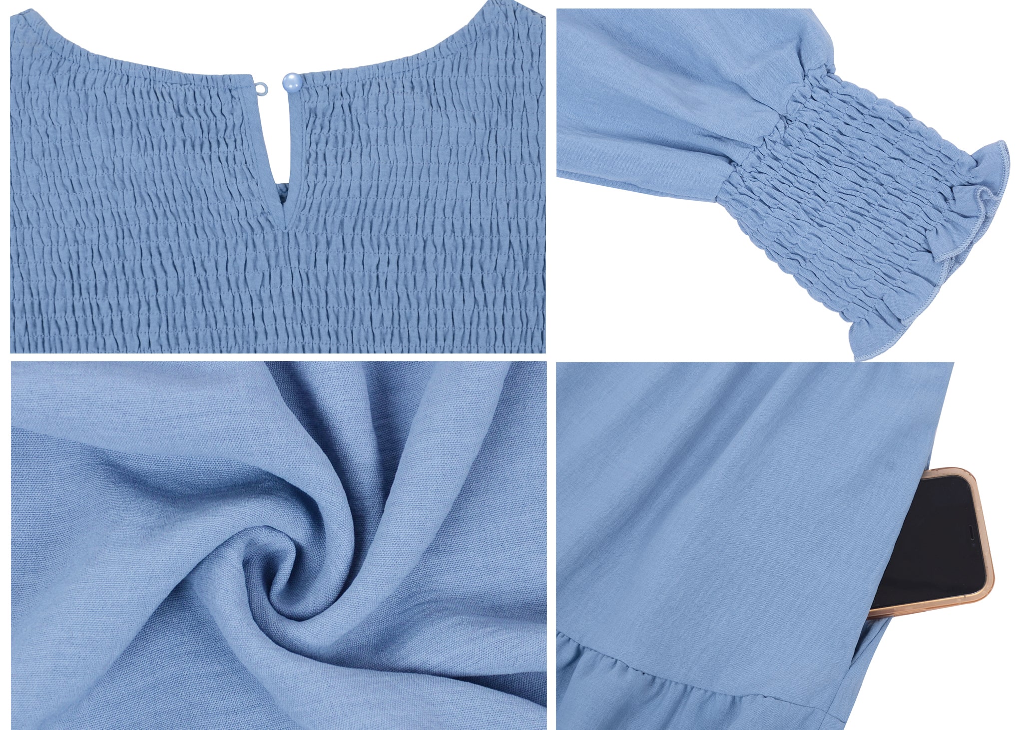 Vestido midi holgado con cuello redondo y mangas largas con frunces estilo poeta informal de talla grande para mujer de Anna-Kaci