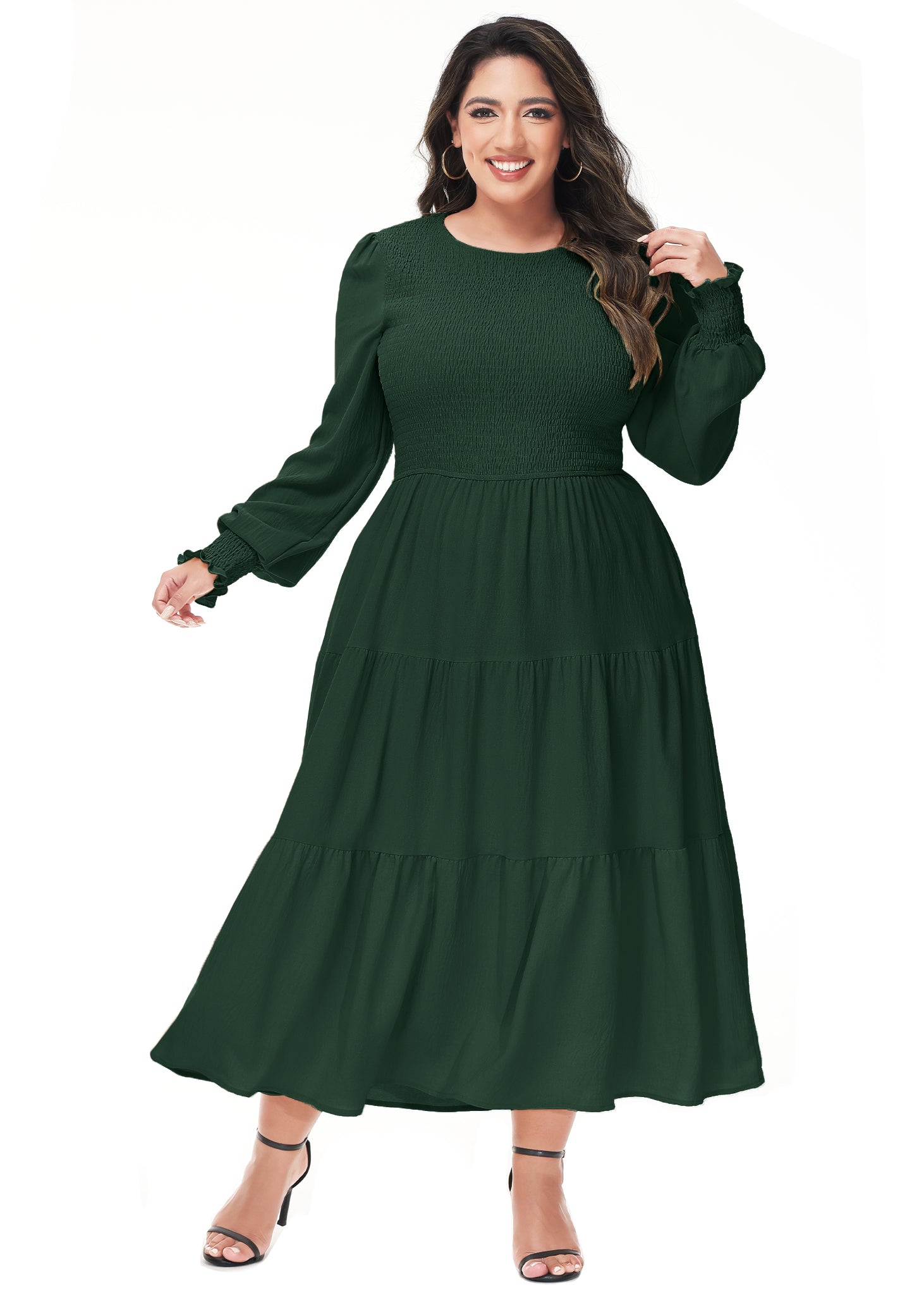 Vestido midi holgado con cuello redondo y mangas largas con frunces estilo poeta informal de talla grande para mujer de Anna-Kaci