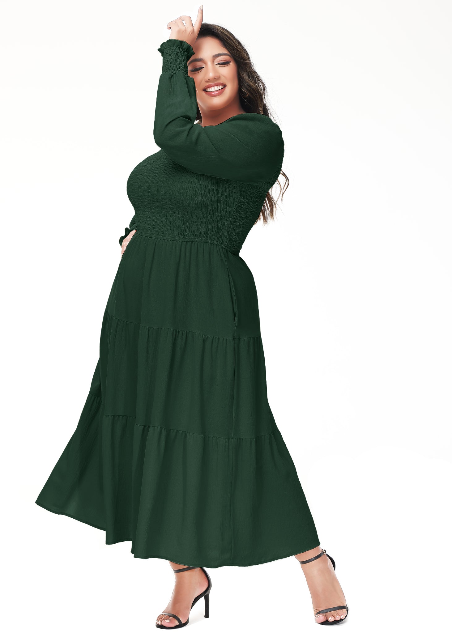 Vestido midi holgado con cuello redondo y mangas largas con frunces estilo poeta informal de talla grande para mujer de Anna-Kaci