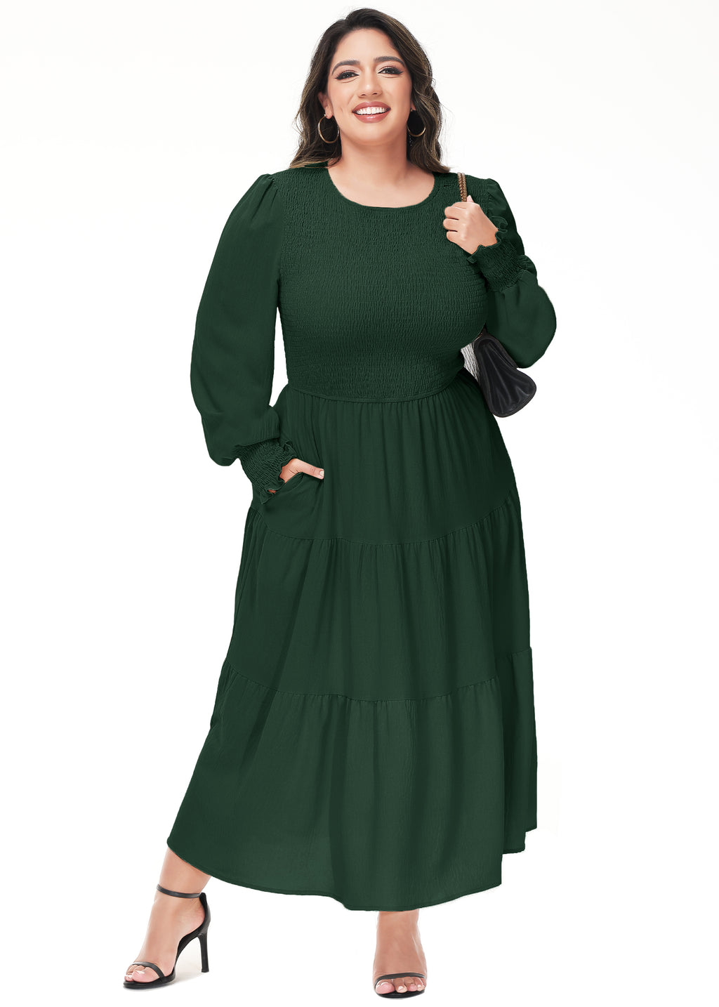 Vestido midi holgado con cuello redondo y mangas largas con frunces estilo poeta informal de talla grande para mujer de Anna-Kaci