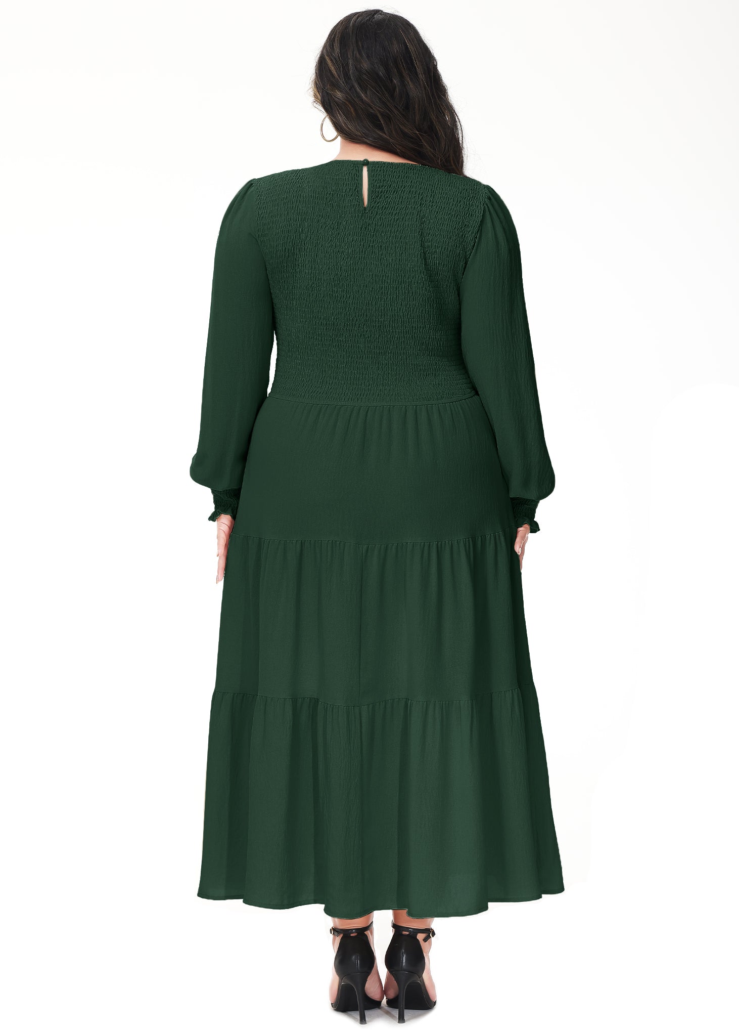 Vestido midi holgado con cuello redondo y mangas largas con frunces estilo poeta informal de talla grande para mujer de Anna-Kaci