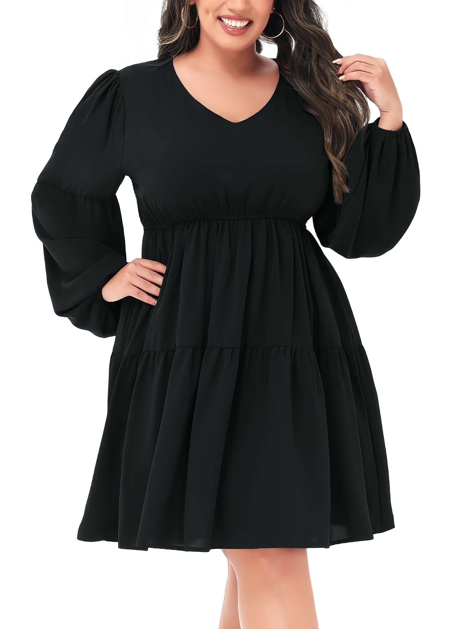 long sleeve black dress size 10 Anna-Kaci Women's Plus Size Tunic Dress V Neck Long Sleeve Smocked Casual Loose Flowy Swing Shift Dresses, Black / Plus-2X-16W-18W