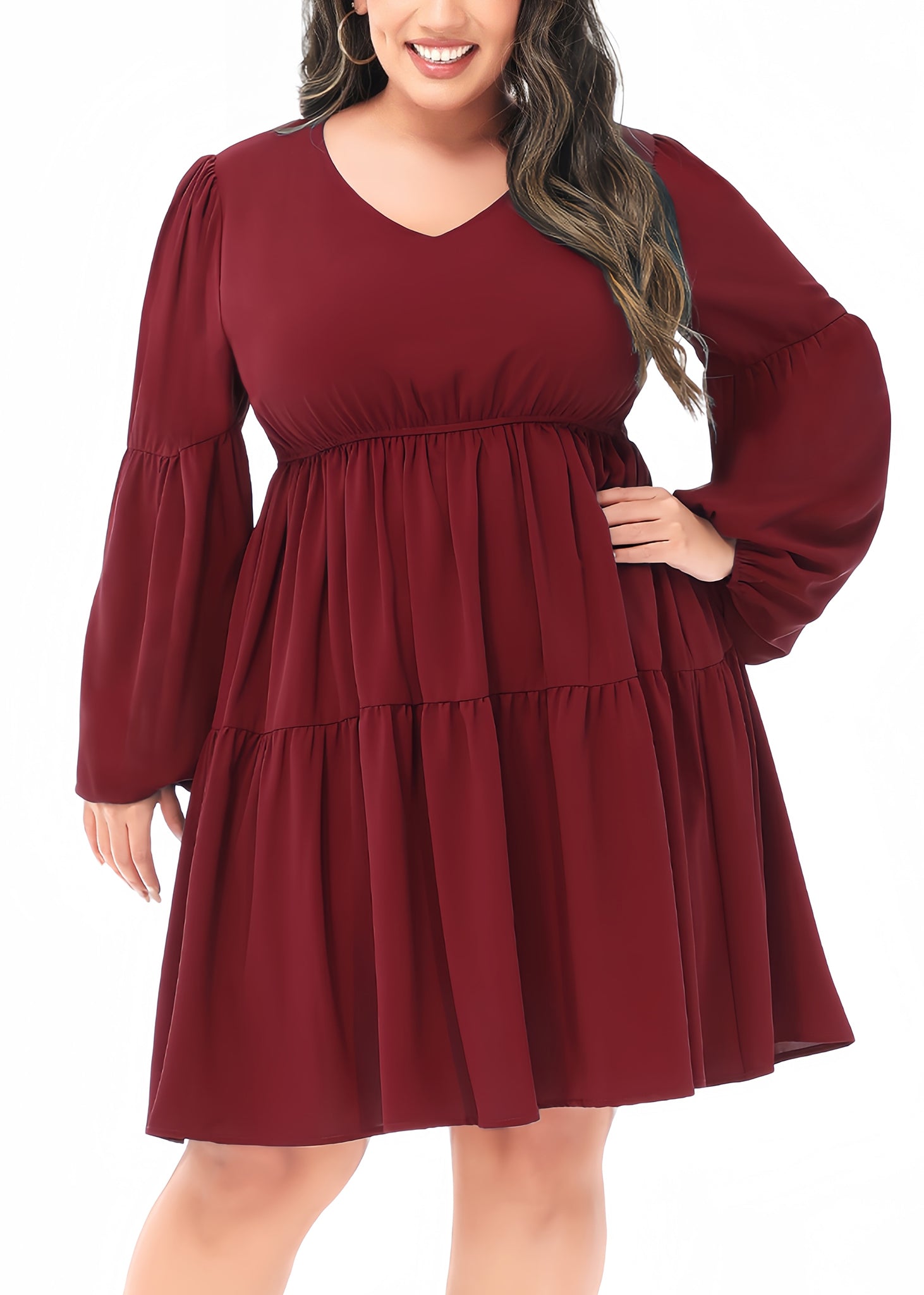 tunic dress long sleeve Anna-Kaci Women's Plus Size Tunic Dress V Neck Long Sleeve Smocked Casual Loose Flowy Swing Shift Dresses, Red / Plus-1X-14W-16W