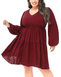 Women's Plus Size Tunic Dress V Neck Long Sleeve Smocked Casual Loose Flowy Swing Shift Dresses
