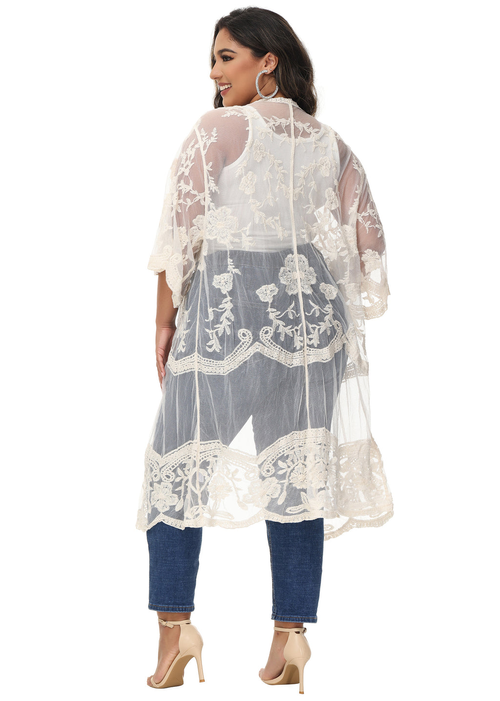 Cárdigan de encaje de talla grande para mujer de Anna-Kaci, traje de baño de playa de crochet floral abierto al frente, kimono largo