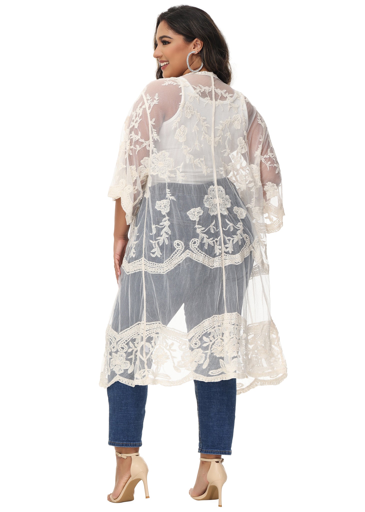 Cárdigan de encaje de talla grande para mujer de Anna-Kaci, traje de baño de playa de crochet floral abierto al frente, kimono largo