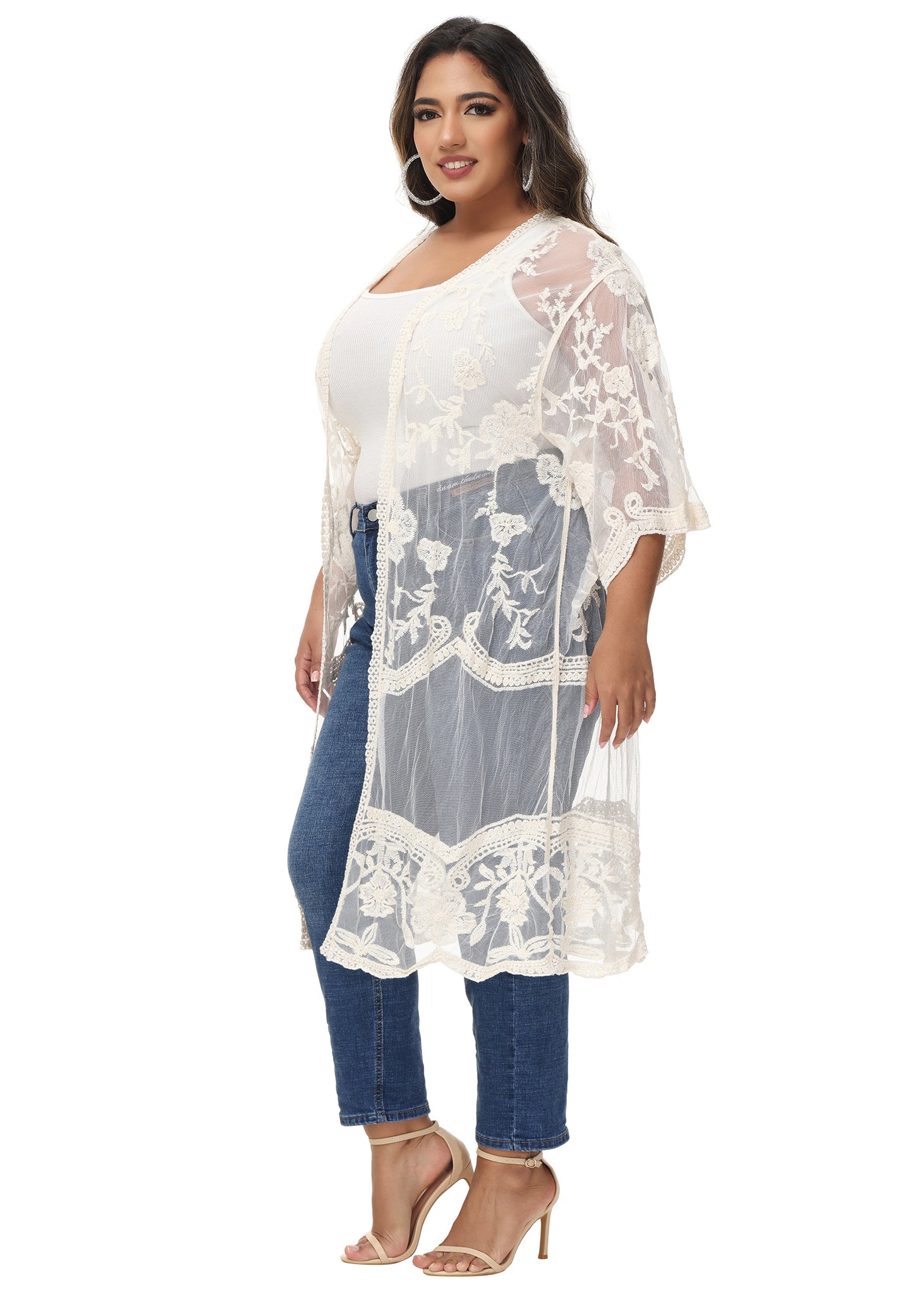 Cárdigan de encaje de talla grande para mujer de Anna-Kaci, traje de baño de playa de crochet floral abierto al frente, kimono largo