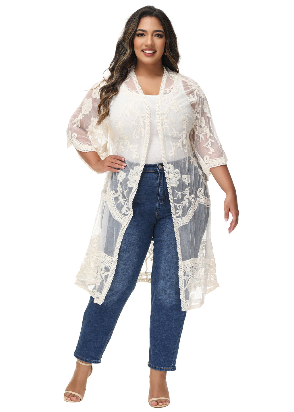 Cárdigan de encaje de talla grande para mujer de Anna-Kaci, traje de baño de playa de crochet floral abierto al frente, kimono largo