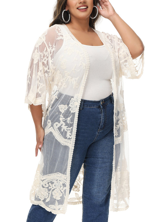 Cárdigan de encaje de talla grande para mujer de Anna-Kaci, traje de baño de playa de crochet floral abierto al frente, kimono largo