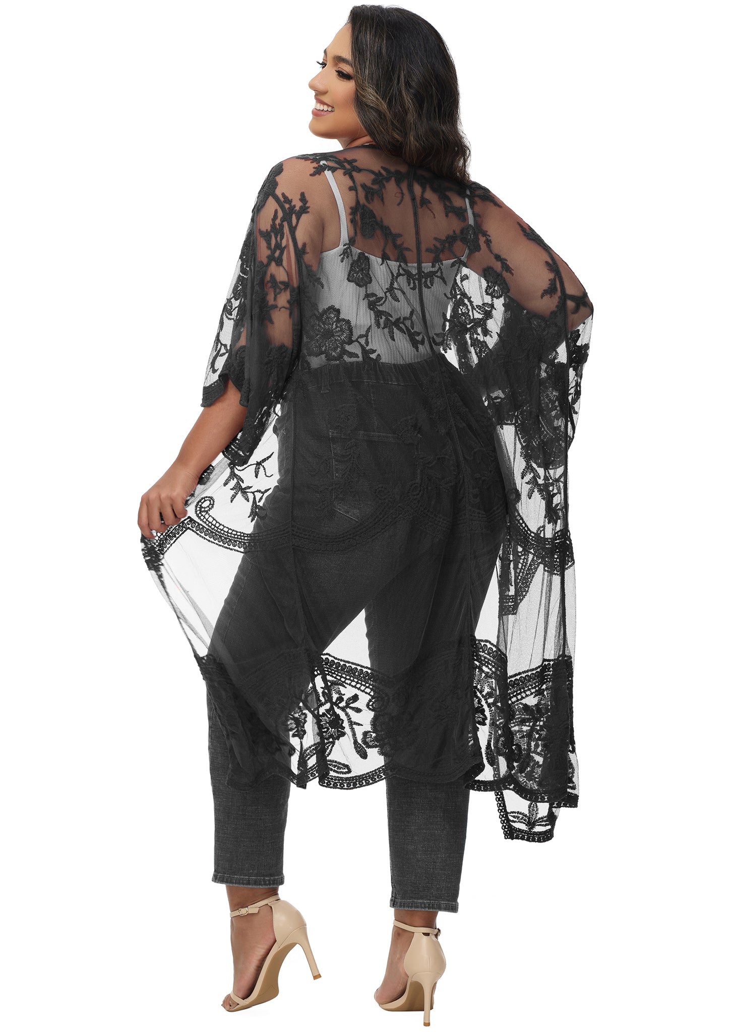 Cárdigan de encaje de talla grande para mujer de Anna-Kaci, traje de baño de playa de crochet floral abierto al frente, kimono largo