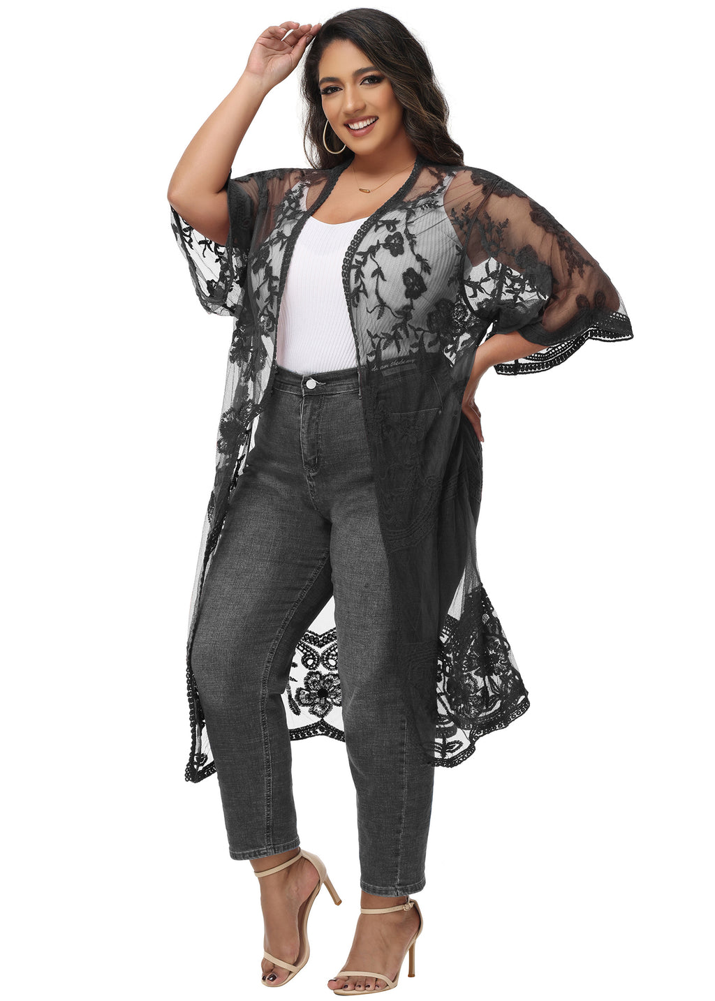 Cárdigan de encaje de talla grande para mujer de Anna-Kaci, traje de baño de playa de crochet floral abierto al frente, kimono largo