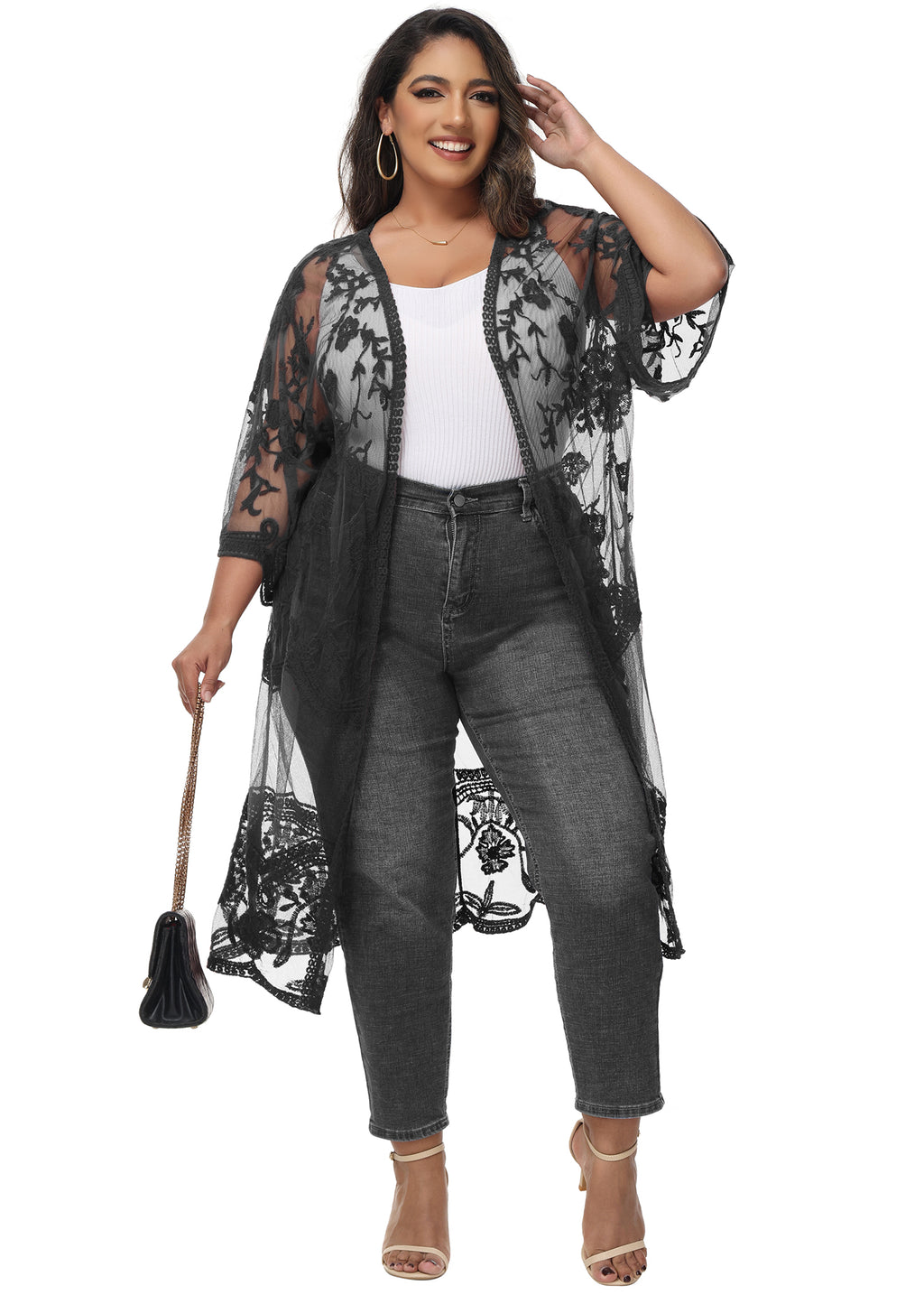 Cárdigan de encaje de talla grande para mujer de Anna-Kaci, traje de baño de playa de crochet floral abierto al frente, kimono largo
