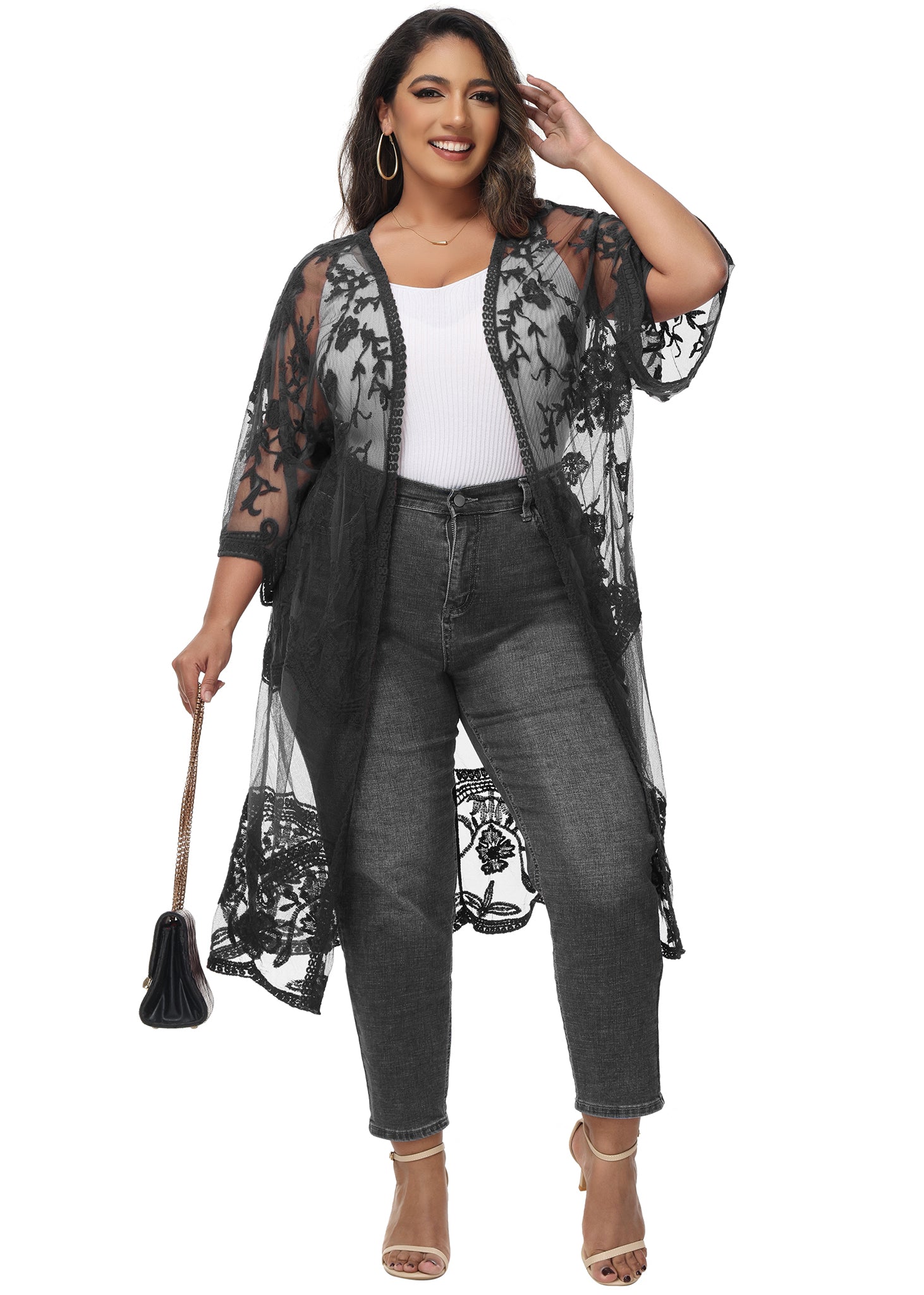 Cárdigan de encaje de talla grande para mujer de Anna-Kaci, traje de baño de playa de crochet floral abierto al frente, kimono largo