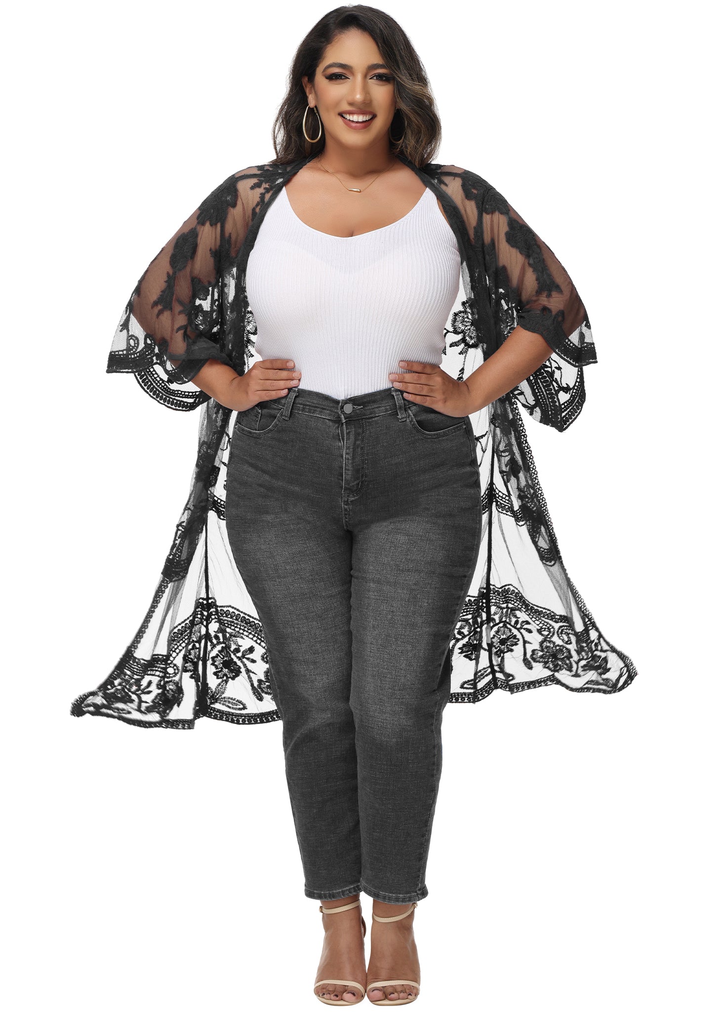 Cárdigan de encaje de talla grande para mujer de Anna-Kaci, traje de baño de playa de crochet floral abierto al frente, kimono largo