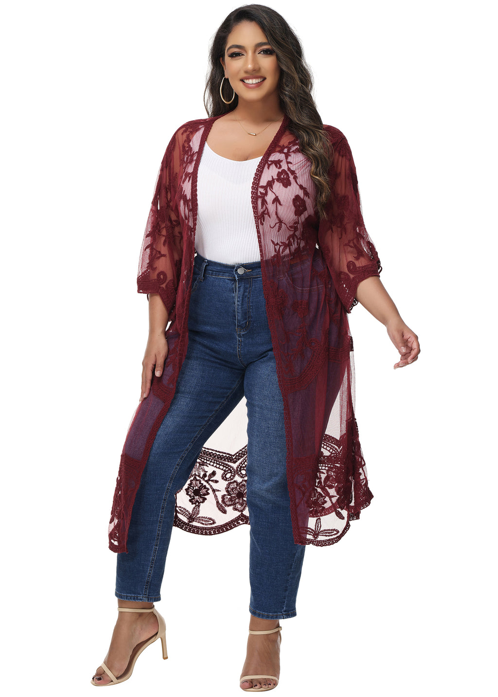 Cárdigan de encaje de talla grande para mujer de Anna-Kaci, traje de baño de playa de crochet floral abierto al frente, kimono largo