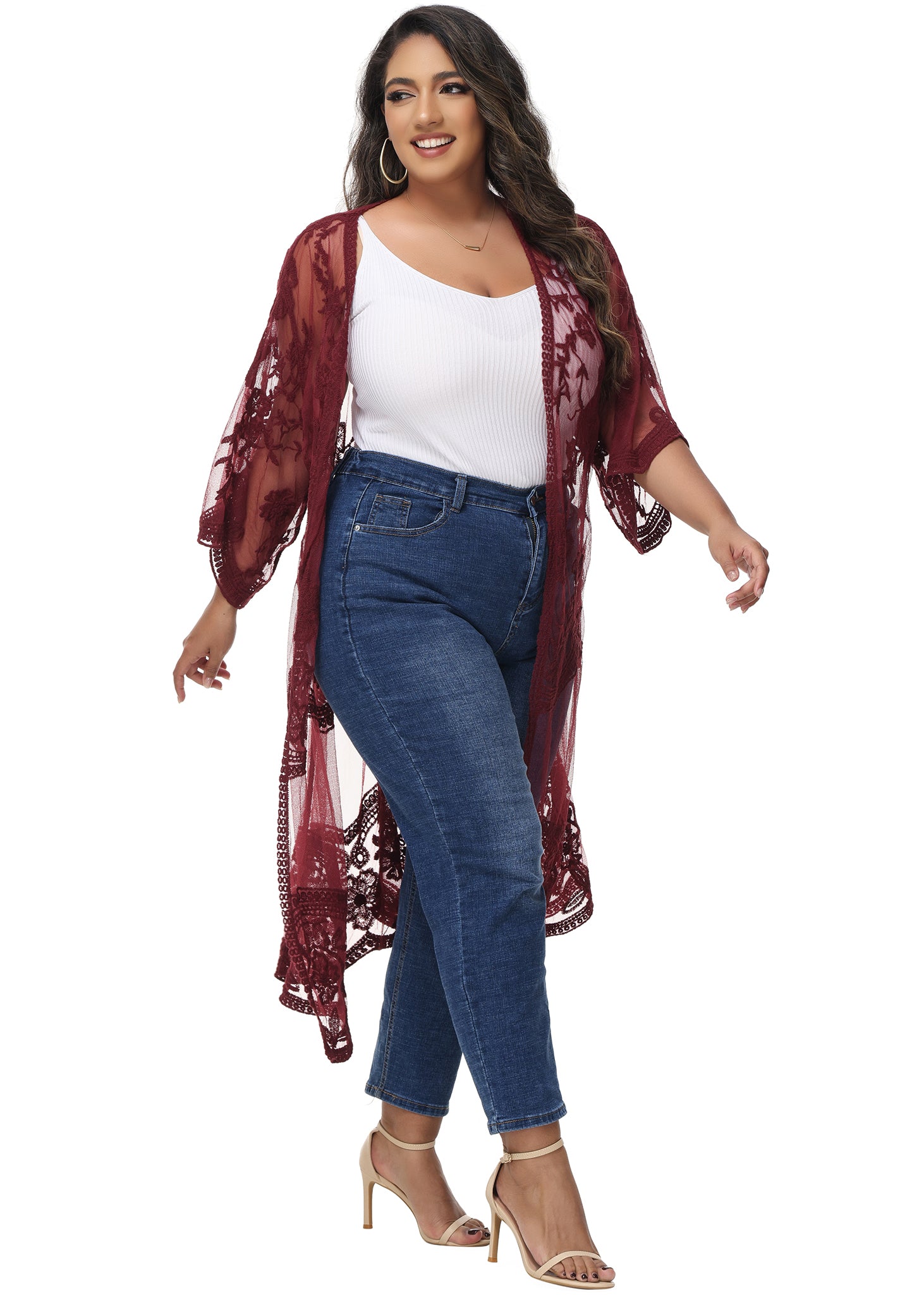 Cárdigan de encaje de talla grande para mujer de Anna-Kaci, traje de baño de playa de crochet floral abierto al frente, kimono largo
