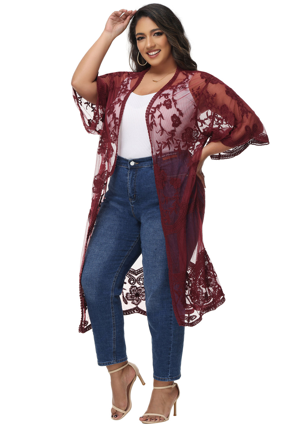 Cárdigan de encaje de talla grande para mujer de Anna-Kaci, traje de baño de playa de crochet floral abierto al frente, kimono largo