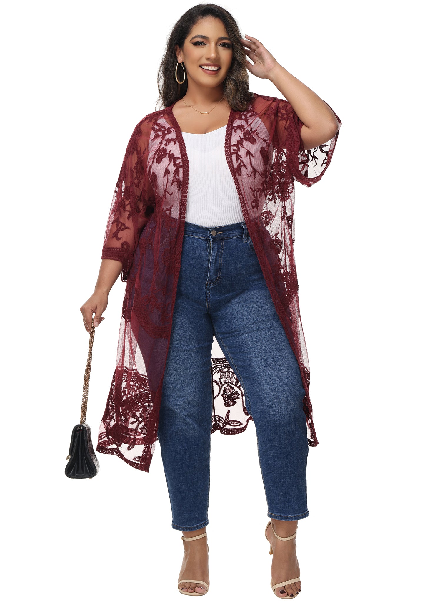 Cárdigan de encaje de talla grande para mujer de Anna-Kaci, traje de baño de playa de crochet floral abierto al frente, kimono largo