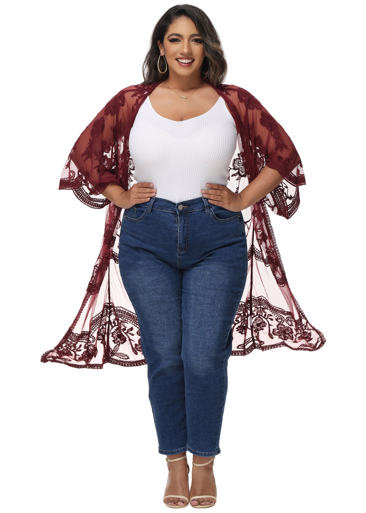 Cárdigan de encaje de talla grande para mujer de Anna-Kaci, traje de baño de playa de crochet floral abierto al frente, kimono largo