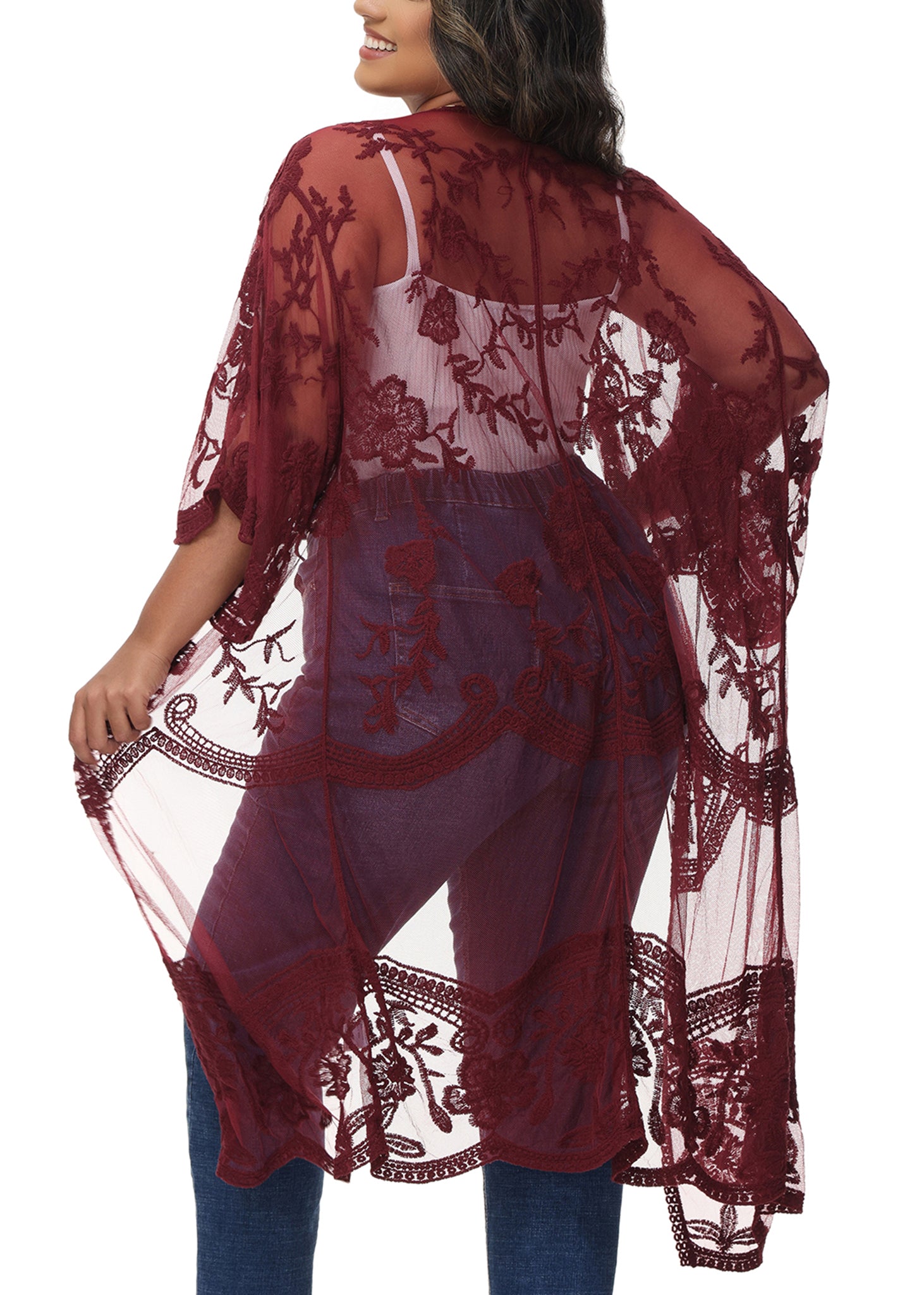 Cárdigan de encaje de talla grande para mujer de Anna-Kaci, traje de baño de playa de crochet floral abierto al frente, kimono largo