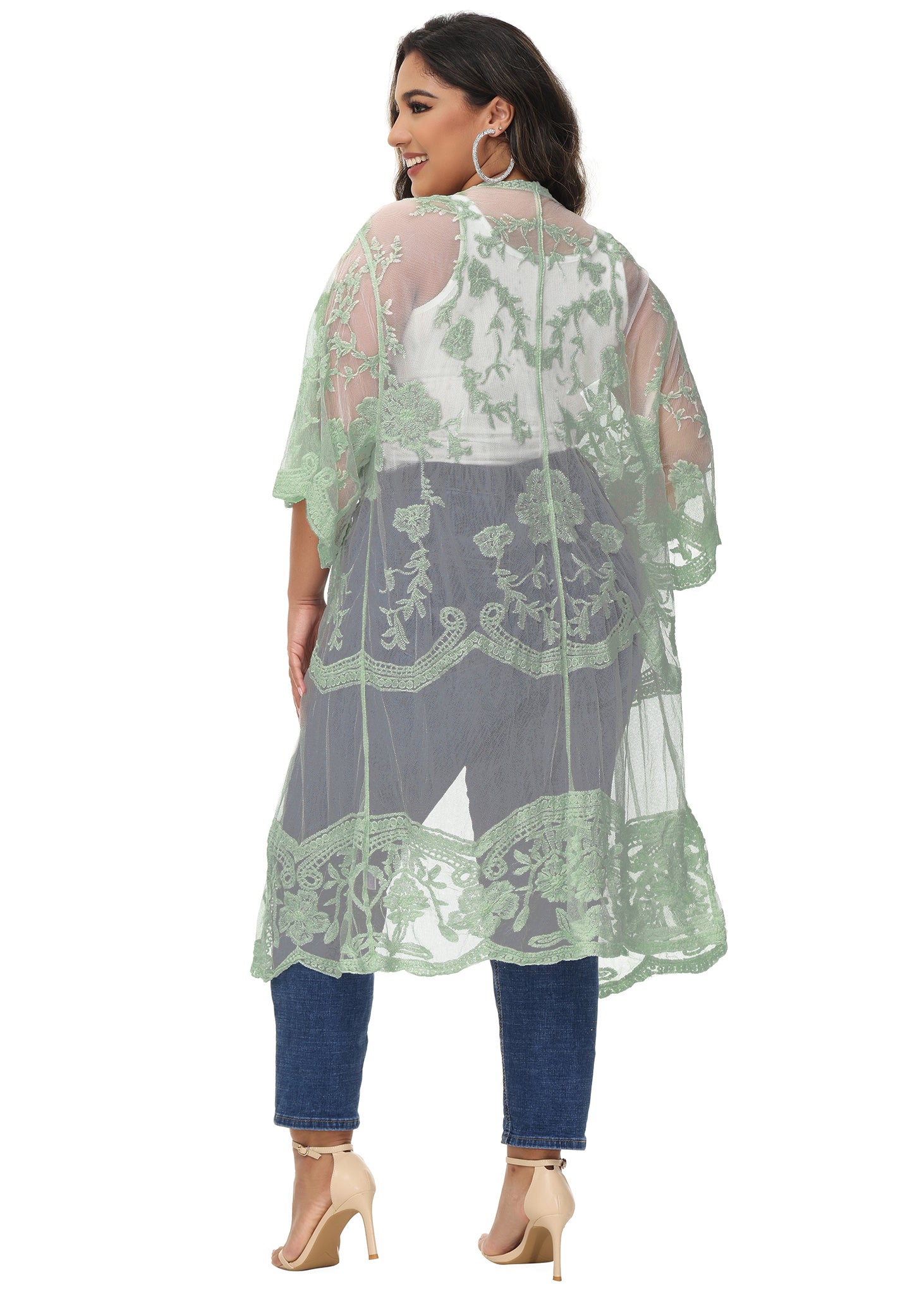 Cárdigan de encaje de talla grande para mujer de Anna-Kaci, traje de baño de playa de crochet floral abierto al frente, kimono largo
